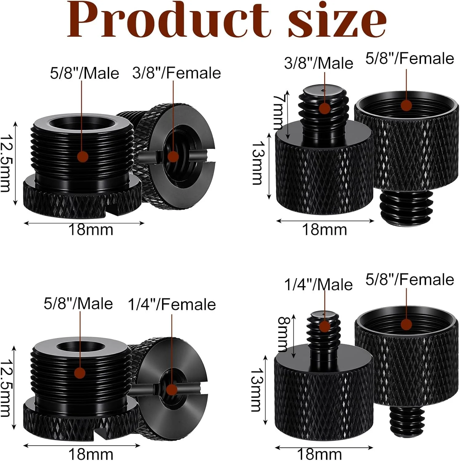 ۸ عدد آداپتور پایه میکروفون، آداپتور میکروفون، آداپتور رزوه ای آلیاژ آلومینیوم، آداپتور پیچی برای میکروفون و سه پایه، مشکی (تبدیل مادگی ۳/۸ به نری ۵/۸، ۴ مدل)