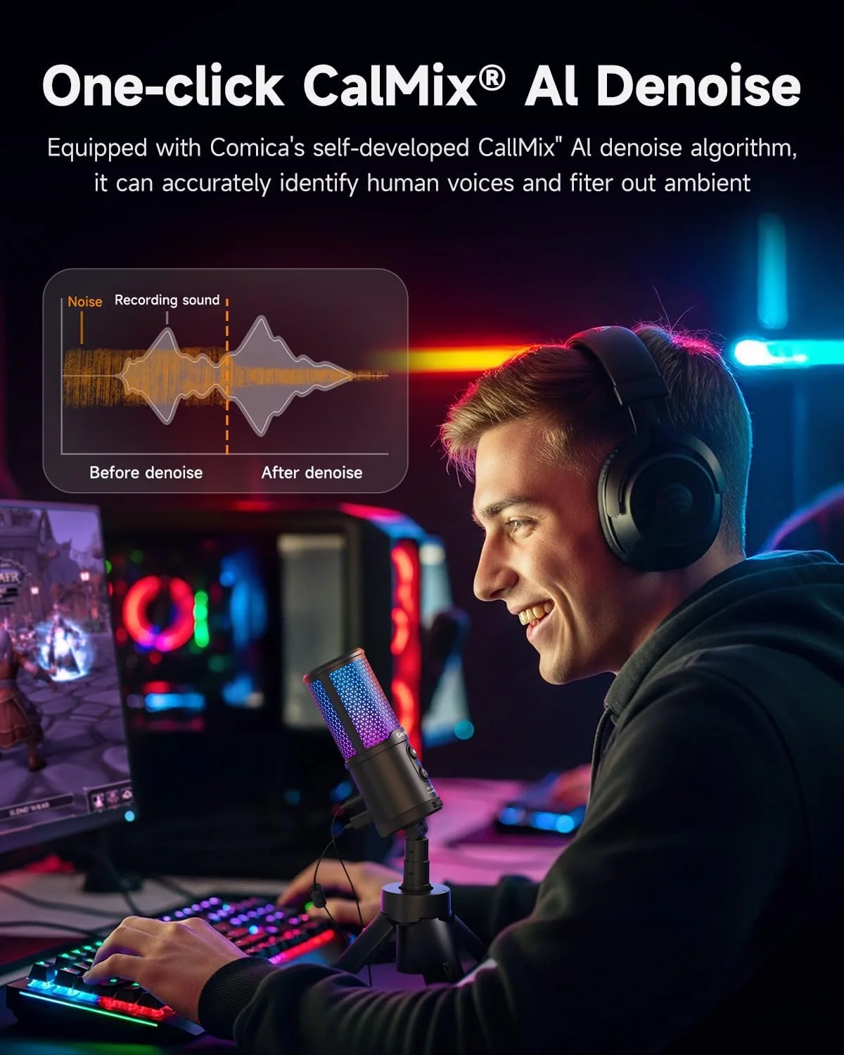 میکروفون گیمینگ USB کمیکا Ejoy Uni S با RGB، 48kHz/24Bit، میکروفون کندانسور کاردیوئید با قابلیت حذف نویز و دکمه قطع صدا، میکروفون دینامیک برای استریم، پادکست، یوتیوب، دیسکورد، PC، مک، PS4/5 میکروفون گیمینگ USB کمیکا Ejoy Uni S با RGB، 48kHz/24Bit، میکروفون کندانسور کاردیوئید با قابلیت حذف نویز و دکمه قطع صدا، میکروفون دینامیک برای استریم، پادکست، یوتیوب، دیسکورد، PC، مک، PS4/5