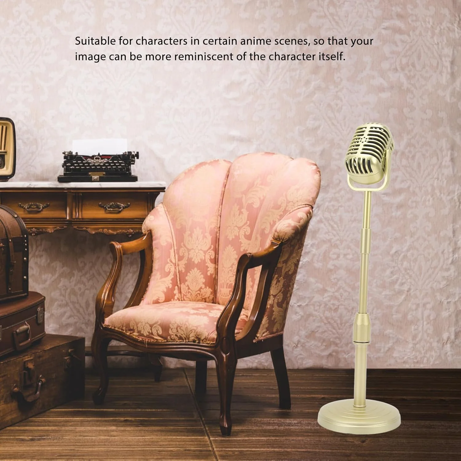 میکروفون تزئینی قدیمی با پایه، قابل حمل، میکروفون رترو ABS، سبک کلاسیک رترو، میکروفون تزئینی عتیقه برای مهمانی، لباس، ایفای نقش، طلایی
