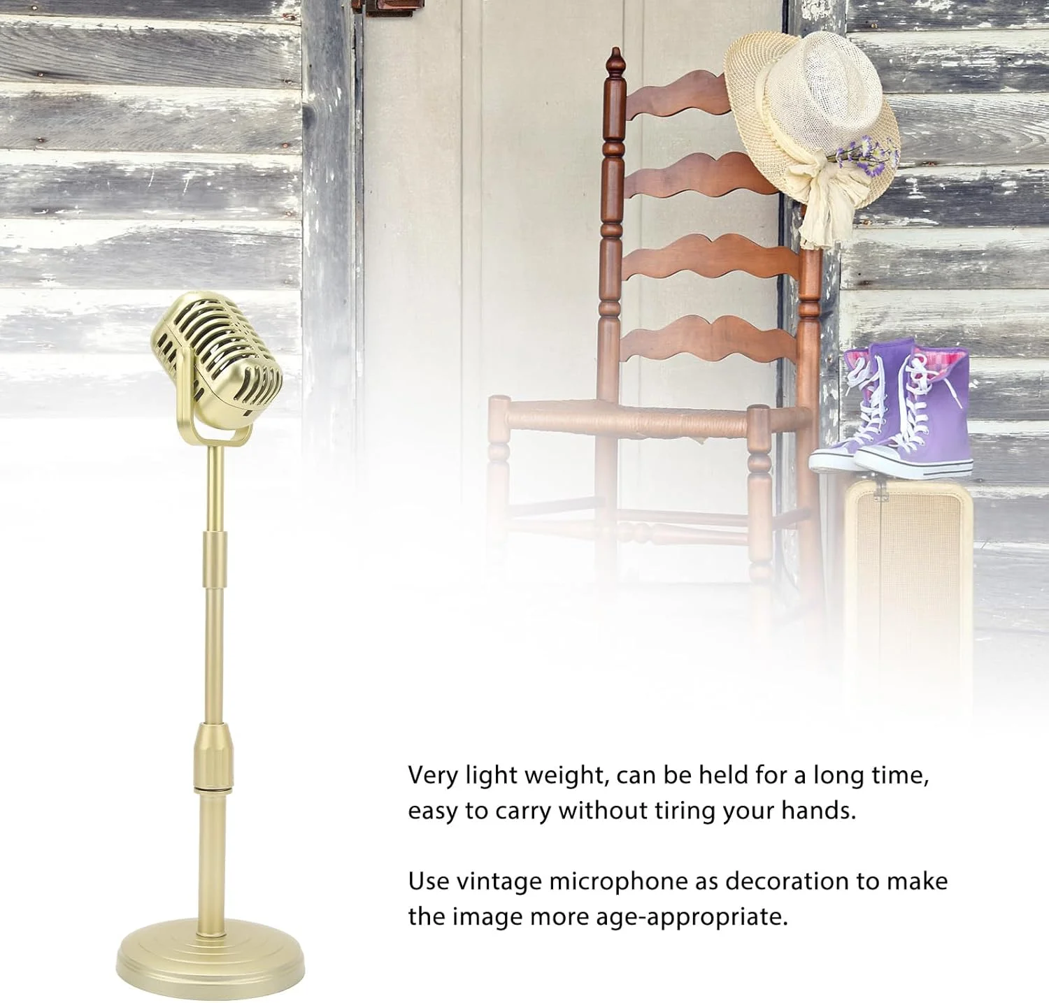 میکروفون تزئینی قدیمی با پایه، قابل حمل، میکروفون رترو ABS، سبک کلاسیک رترو، میکروفون تزئینی عتیقه برای مهمانی، لباس، ایفای نقش، طلایی