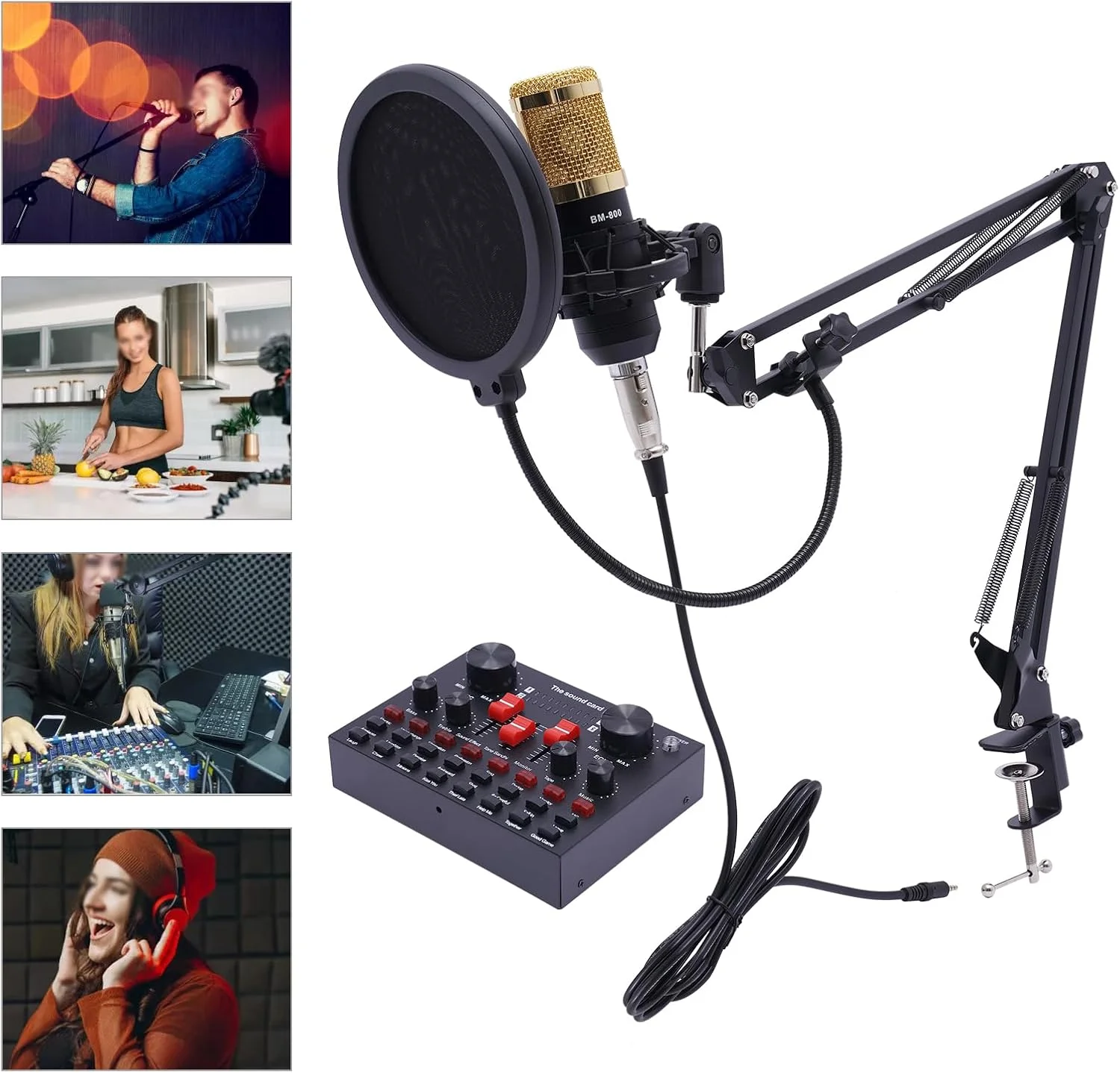 کارت صدای زنده V8s با میکروفون خازنی - دستگاه ضبط حرفه ای با 16 افکت صوتی و بلوتوث (مشکی/قرمز/طلایی) | برای استریم، کارائوکه و استودیو | شامل پایه و لوازم جانبی