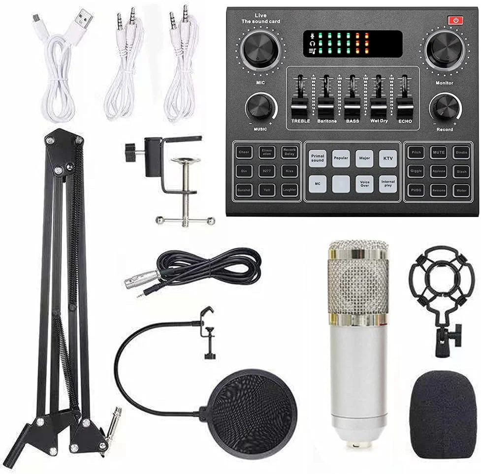 مجموعه میکروفون کندانسور ضبط صدا، کارت صدای چند منظوره V9 و کیت میکروفون تعلیق BM800 برای کامپیوتر، موبایل، وب هوشمند مجموعه میکروفون کندانسور ضبط صدا، کارت صدای چند منظوره V9 و کیت میکروفون تعلیق BM800 برای کامپیوتر، موبایل، وب هوشمند