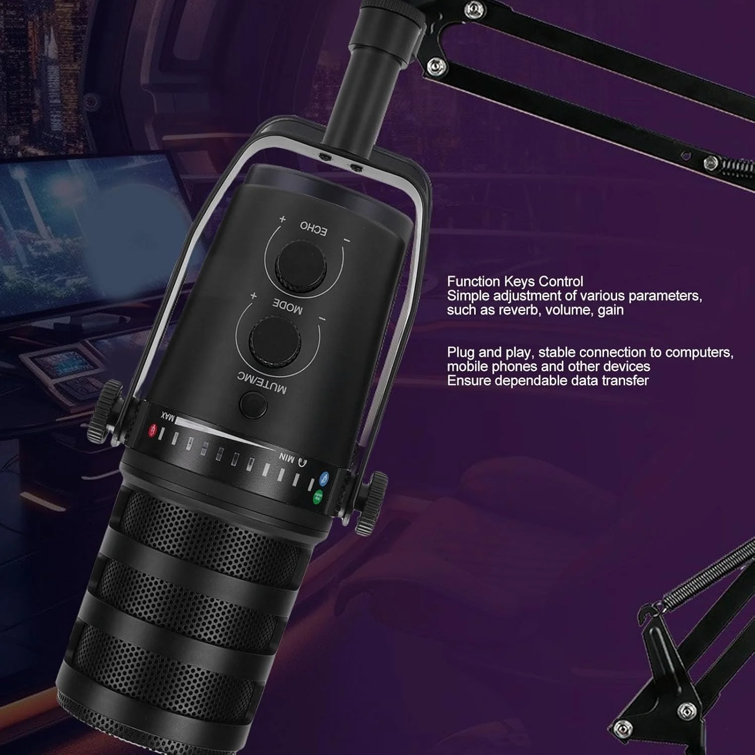 میکروفون USB استودیویی با پایه بازویی قابل تنظیم و لرزه گیر، میکروفون استریمینگ برای ضبط استودیویی و بازی میکروفون USB استودیویی با پایه بازویی قابل تنظیم و لرزه گیر، میکروفون استریمینگ برای ضبط استودیویی و بازی