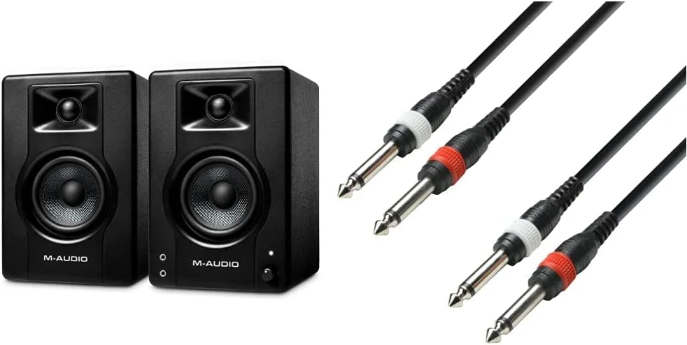 مانیتورهای استودیویی M-Audio BX4 4.5 اینچی با وضوح بالا، بلندگوهای مانیتور 120 وات - جفت و کابل صوتی Adam Hall Cables K3TPP0100، 2 عدد فیش 6.3 میلی متری مونو به 2 عدد فیش 6.3 میلی متری مونو 1 متری