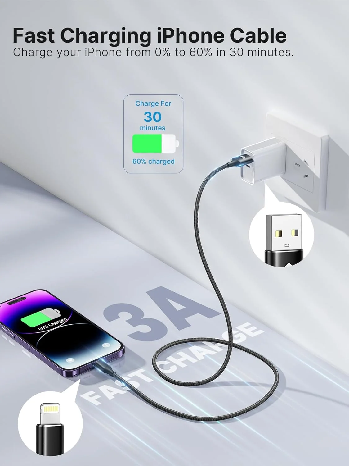 کابل شارژ آیفون Aioneus 3 متری، [دارای گواهی MFi اپل] کابل لایتنینگ بلند آیفون با روکش نایلونی بافته شده، کابل USB A به لایتنینگ، شارژ سریع برای آیفون 14، 13، 12، 11 پرو مکس مینی 8، آیپد