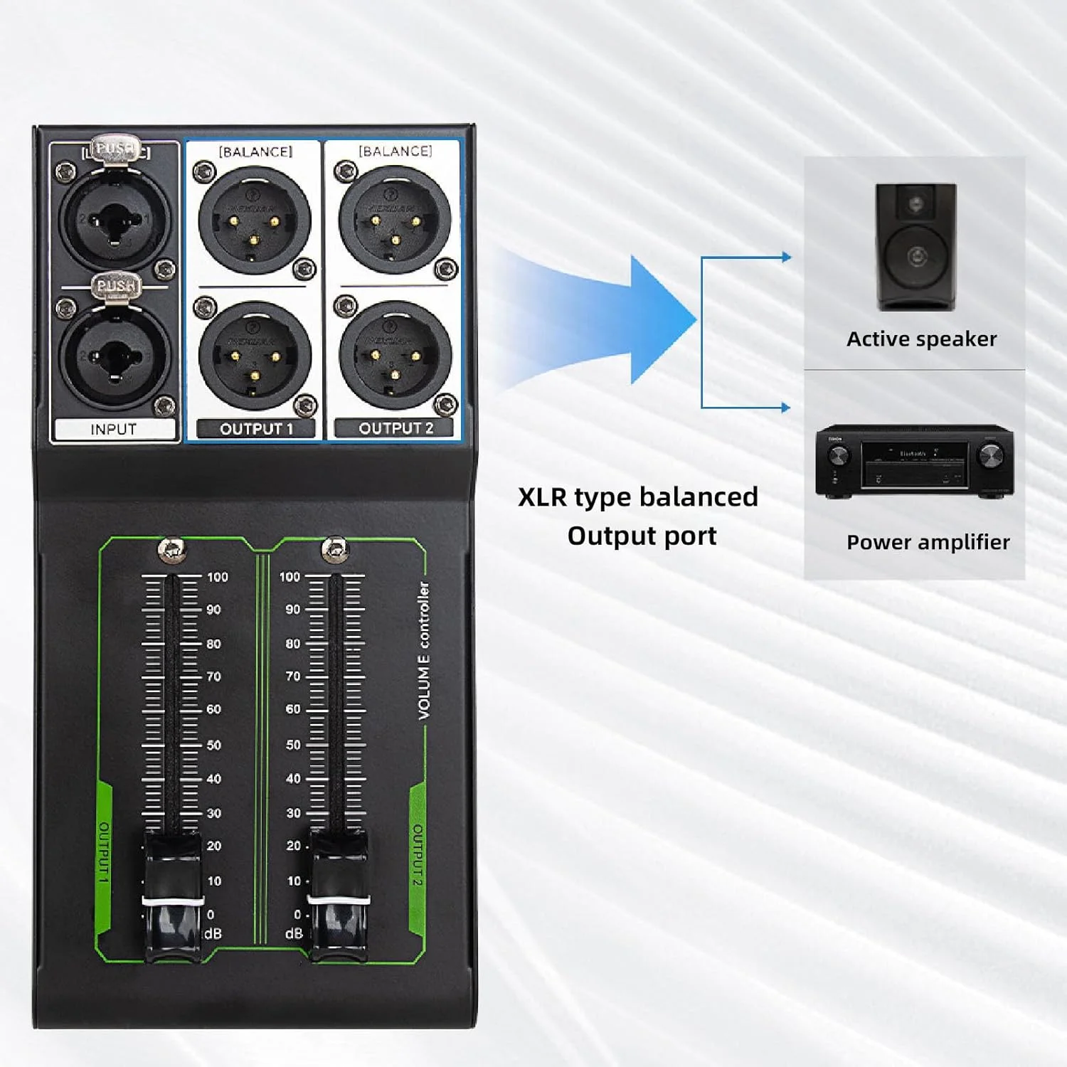 کنترل کننده حجم صدای پسیو تمام فلزی، کنترل کننده حجم صدای بلندگوی پسیو 1 ورودی 2 خروجی، کنترل کننده حجم صدای استریو با فیدر 70 میلی متری توسعه یافته برای سیستم های صوتی استودیویی و خانگی