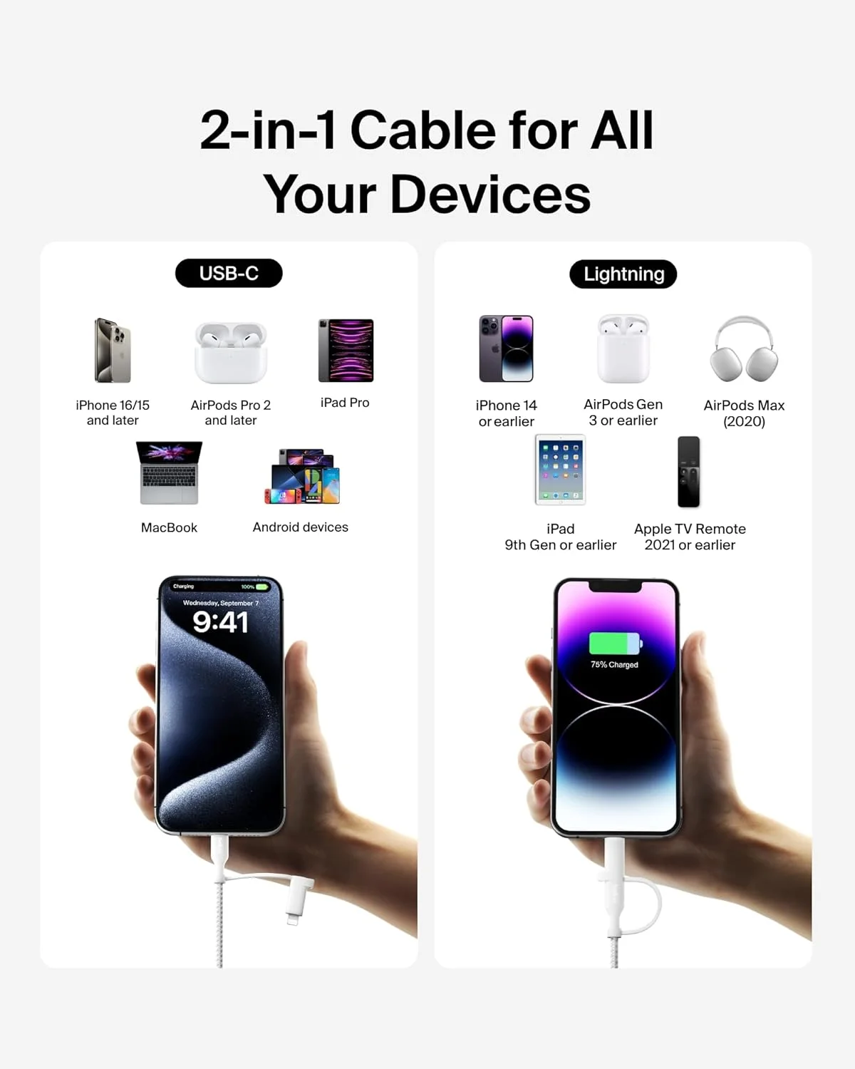 کابل شارژ 2 در 1 بلکین با کانکتور USB-C و لایتنینگ - کابل بافته شده شارژ سریع، کابل شارژ USB-C به USB-C و لایتنینگ، ترکیب شارژ چندگانه برای اپل آیفون، آیپد، سامسونگ و غیره - سفید کابل شارژ 2 در 1 بلکین با کانکتور USB-C و لایتنینگ - کابل بافته شده شارژ سریع، کابل شارژ USB-C به USB-C و لایتنینگ، ترکیب شارژ چندگانه برای اپل آیفون، آیپد، سامسونگ و غیره - سفید