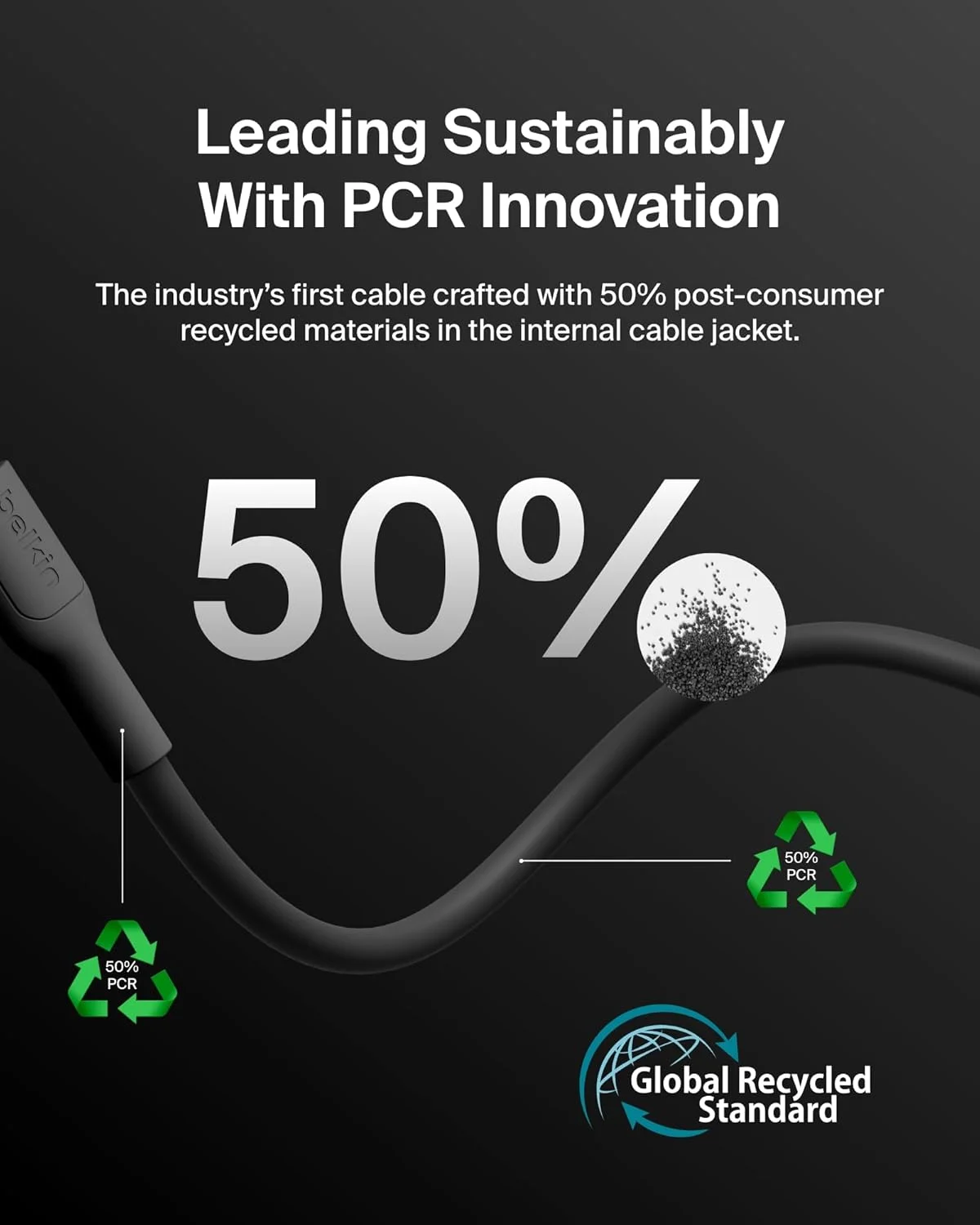 کابل USB-C به USB-C بلکین مدل Eco به طول 2 متر، 60 وات - کابل شارژ سریع نرم، بافته شده و انعطاف پذیر، سیم شارژر Type C برای آیفون 16، گلکسی S25، پیکسل 9، مک بوک، آیپد پرو و غیره - مشکی