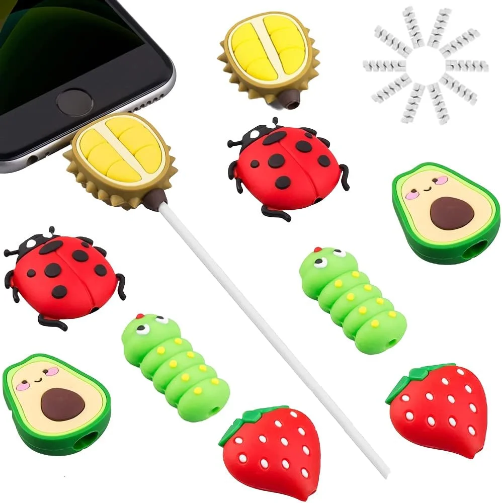 محافظ کابل ELECDON طرح بامزه، ۲۰ عدد محافظ کابل، محافظ کابل شارژ طرح میوه و حیوانات، مجموعه محافظ کابل سازگار فقط با کابل شارژ آیفون و آیپد