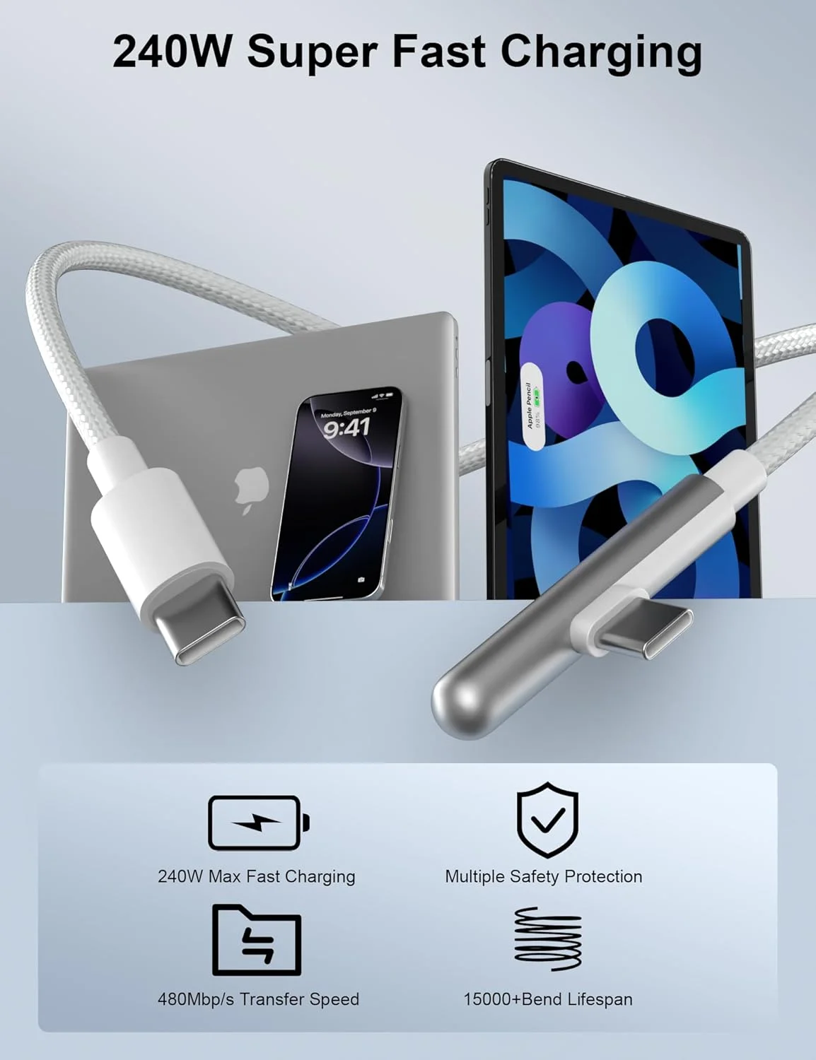 کابل USB C به USB C با قابلیت شارژ سریع 240 وات، طول 3 متر، مناسب برای کابل شارژ آیفون 16، کابل شارژر تایپ C با زاویه راست برای انتقال داده برای آیفون 17 16/آیپد پرو ایر/سامسونگ S25 S24 Ultra S23/مک بوک، سفید کابل USB C به USB C با قابلیت شارژ سریع 240 وات، طول 3 متر، مناسب برای کابل شارژ آیفون 16، کابل شارژر تایپ C با زاویه راست برای انتقال داده برای آیفون 17 16/آیپد پرو ایر/سامسونگ S25 S24 Ultra S23/مک بوک، سفید
