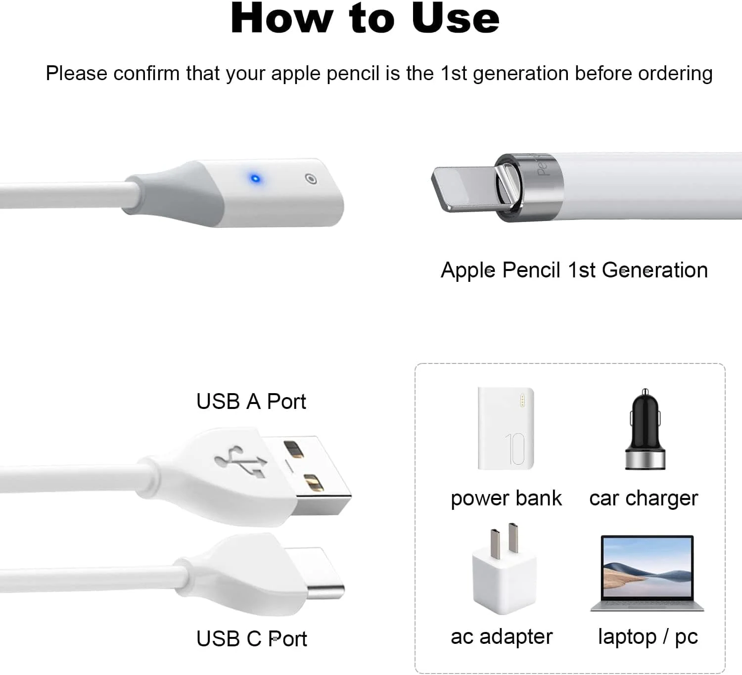 کابل آداپتور شارژ ELECDON، سازگار با قلم لمسی نسل اول اپل، کابل شارژ USB-C نر به قلم لمسی نسل اول، کانکتور شارژر USB-A، قلم آیپد نسل اول، بسته 2 عددی، 1 متری کابل آداپتور شارژ ELECDON، سازگار با قلم لمسی نسل اول اپل، کابل شارژ USB-C نر به قلم لمسی نسل اول، کانکتور شارژر USB-A، قلم آیپد نسل اول، بسته 2 عددی، 1 متری
