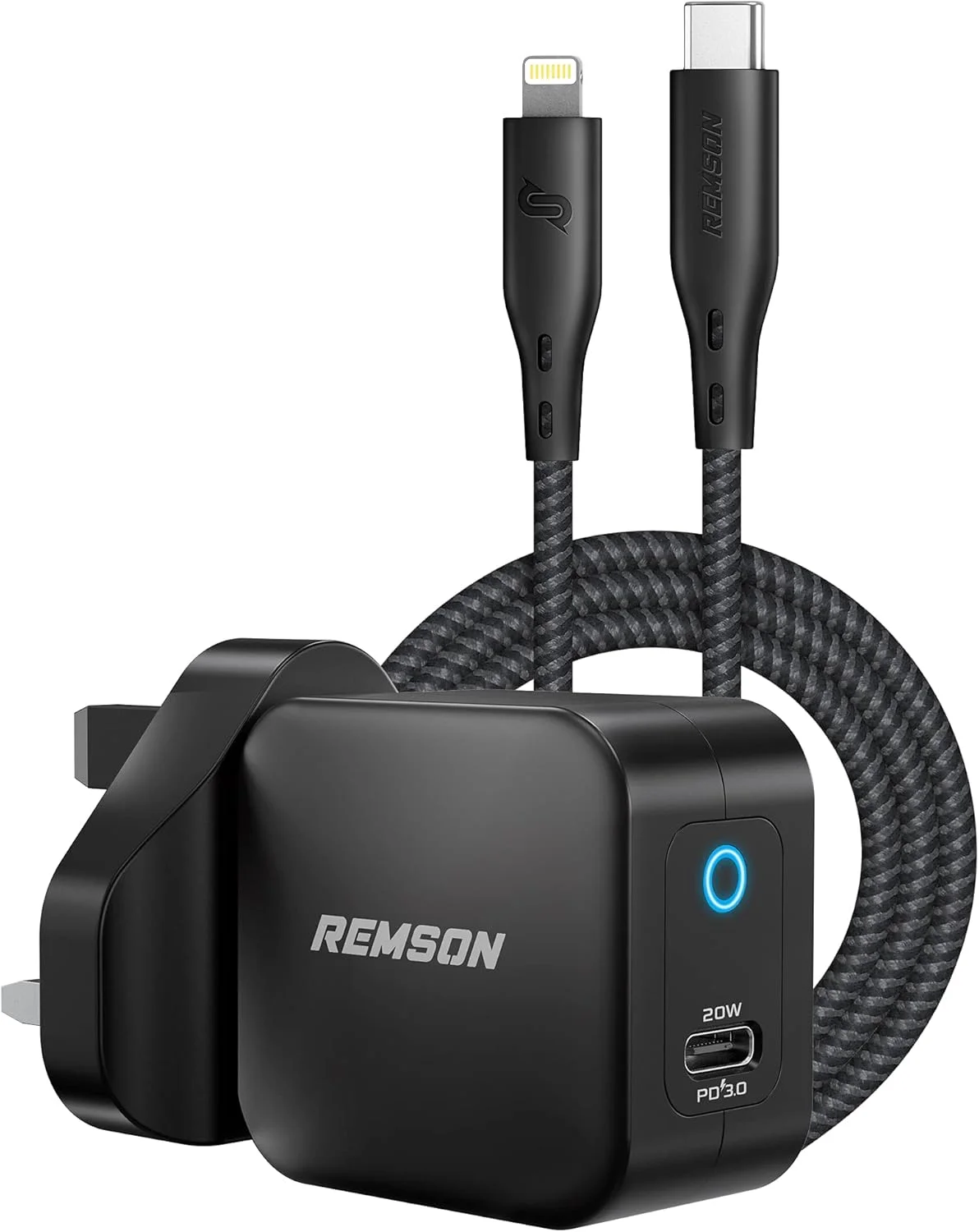 شارژر دیواری 20 واتی PD رمسون [دارای گواهی Apple MFi] به همراه کابل لایتنینگ به USB-C دارای گواهی MFi، آداپتور و کابل شارژ سریع آیفون برای آیفون 14 / 14Pro / 13Pro / 12Pro / 11Pro، آیپد، ایرپادز (مشکی)
