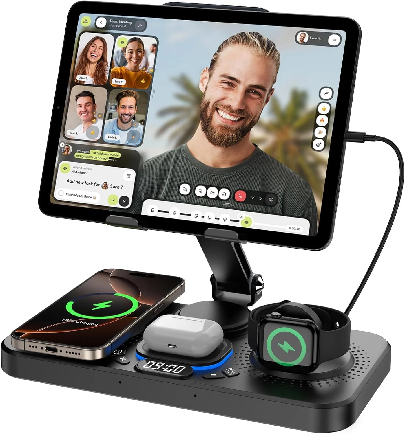 شارژر بیسیم 6 در 1 برای دستگاههای اپل، استند شارژ تاشو 30 واتی برای آیپد با ساعت و نور محیطی 7 رنگ، شارژر بیسیم کنار تخت برای آیفون 16/15/14/iWatch Series/AirPods 4/3 (مشکی) شارژر بیسیم 6 در 1 برای دستگاههای اپل، استند شارژ تاشو 30 واتی برای آیپد با ساعت و نور محیطی 7 رنگ، شارژر بیسیم کنار تخت برای آیفون 16/15/14/iWatch Series/AirPods 4/3 (مشکی)