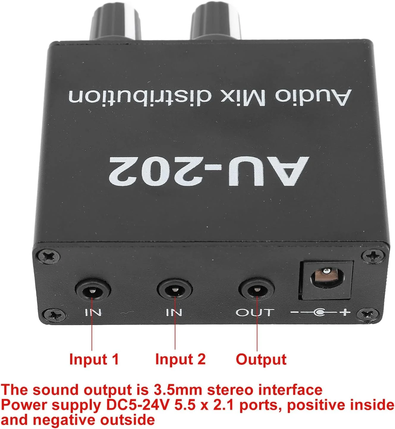 میکسر صوتی استریو، 2 ورودی 2 خروجی با تنظیم صدا، همراه با کابل صدای 3.5 میلی‌متری و کنترل مستقل صدا برای کامپیوتر، لپ‌تاپ و هدفون DC 5-24 ولت