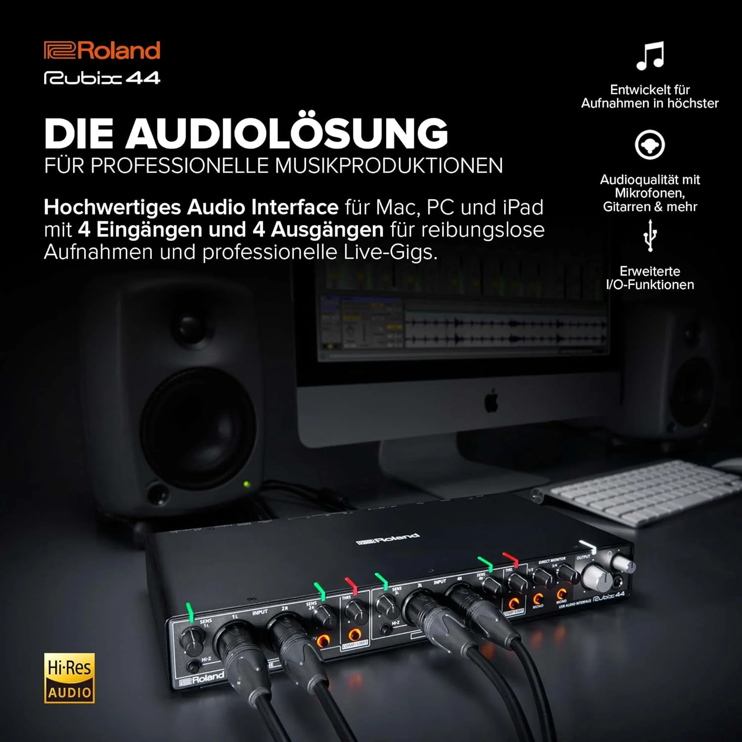 اینترفیس صوتی USB رولند Rubix44 با 4 ورودی/4 خروجی | کیفیت صوتی با وضوح بالا | ضبط میکروفون، گیتار، کیبورد و موارد دیگر | ساختار فشرده و مستحکم | سازگار با مک، کامپیوتر و آیپد