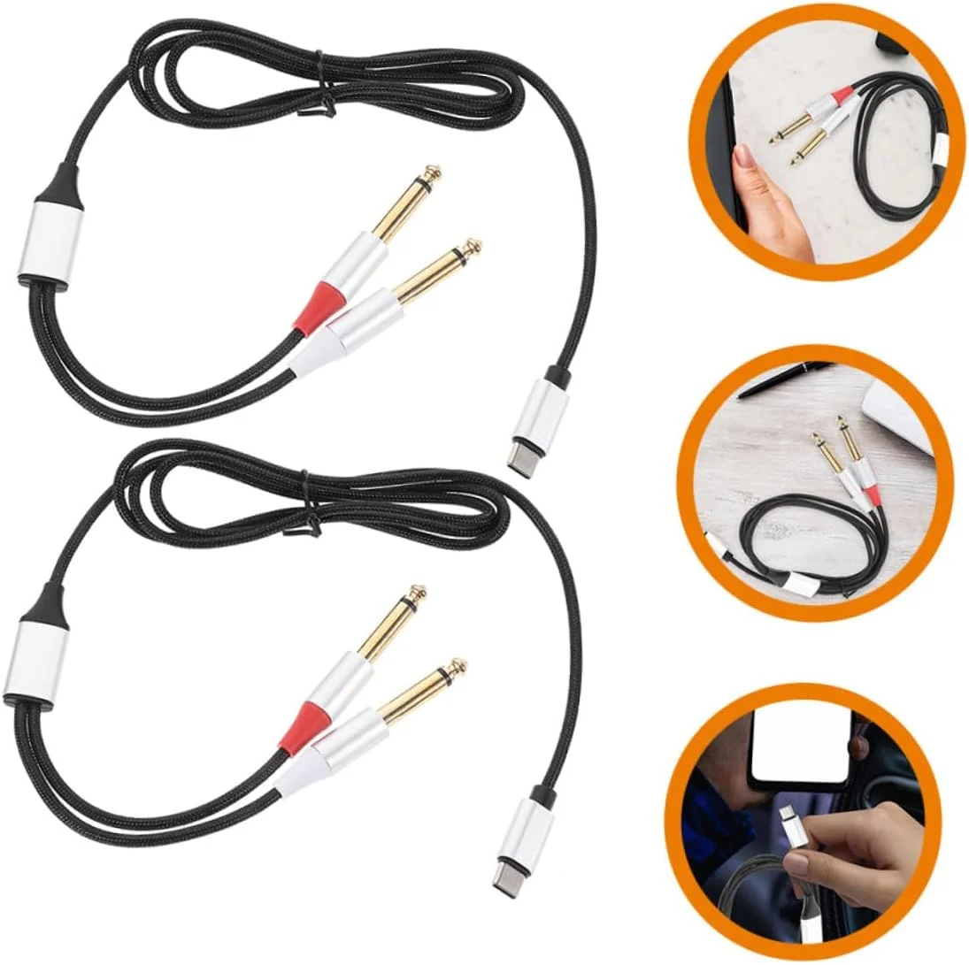 ۲ عدد کابل صوتی USB نوع C با روکش دوتایی نایلونی TPE با روکش طلا برای تلفن هوشمند، تبلت، لپ تاپ، بلندگو، نوازنده، دی جی، فناوری صدا