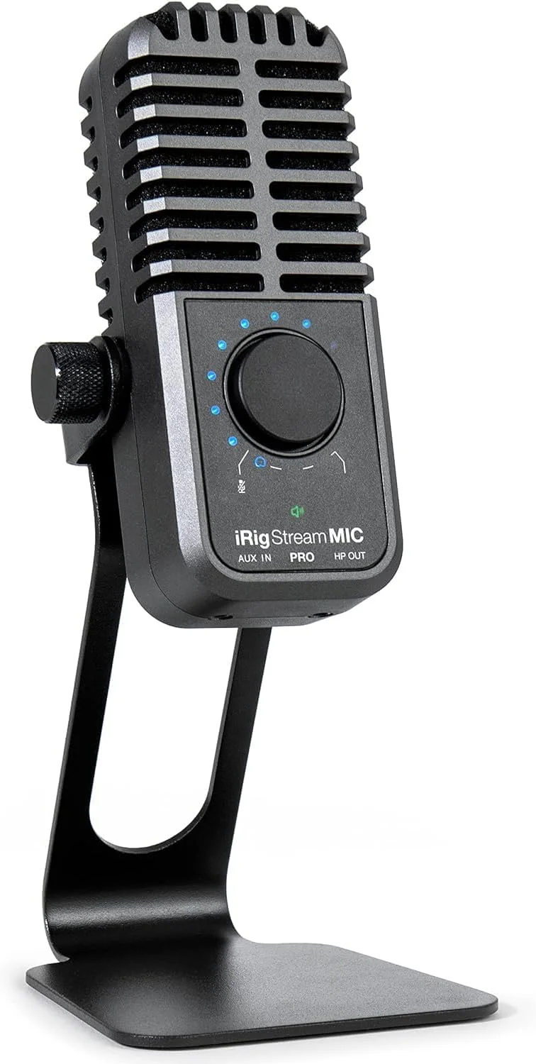 میکروفون کاندنسر IK Multimedia iRig Stream Mic Pro با رابط صوتی یکپارچه برای آیفون، آیپد، اندروید، کامپیوتر USB، مک، ویندوز، ایده آل برای پادکست، ضبط، ضبط صدا، بازی