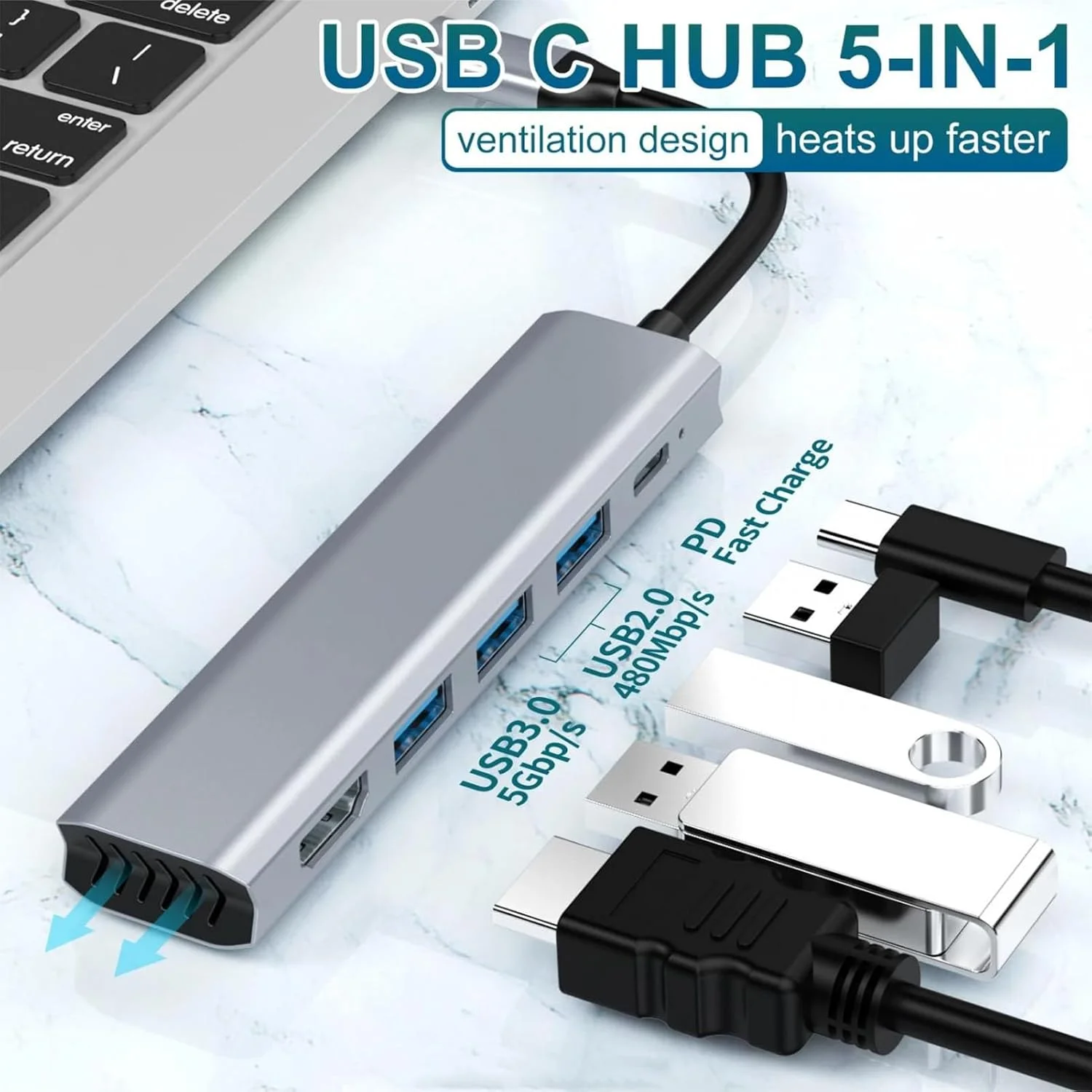 آداپتور هاب 5 در 1 Type-C USB، اسپلیتر رابط چند رسانه ای 4K-HD، توسعه دهنده قابل حمل با خنک کننده خوب، پورت های USB متعدد برای نمایشگر لپ تاپ