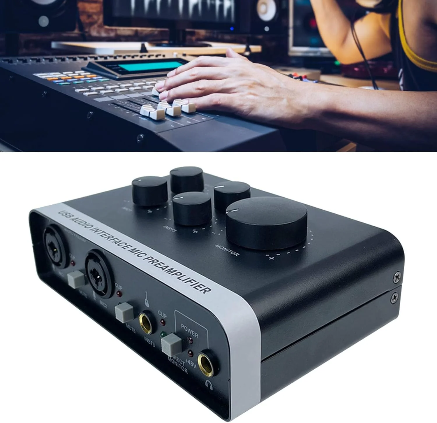 کارت صدای USB برای ضبط، صدای با وضوح بالا، منبع تغذیه فانتوم 48 ولت، نظارت بی‌درنگ، سازگار با PC و Mac و XP