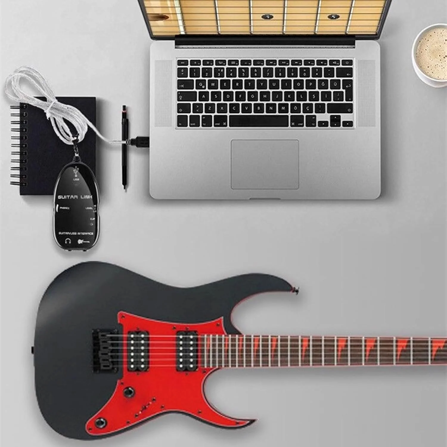 رابط گیتار به USB، کابل ساز، رابط صوتی USB گیتار با آداپتور کابل برای کامپیوتر، ضبط کننده و کانکتور (مشکی)