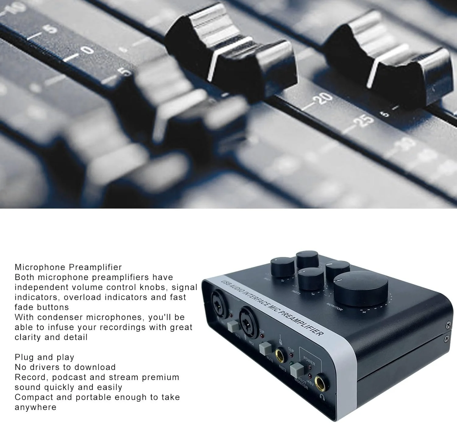 کارت صدای USB، پاور فانتوم 48 ولت، میکسر صدای حرفه ای، پری امپ میکروفون، رزولوشن بالا برای ضبط کامپیوتر، پادکست کارت صدای USB، پاور فانتوم 48 ولت، میکسر صدای حرفه ای، پری امپ میکروفون، رزولوشن بالا برای ضبط کامپیوتر، پادکست