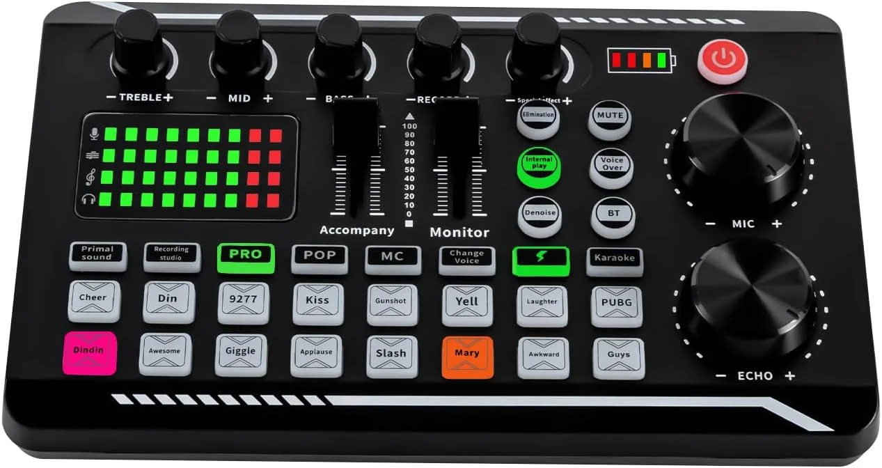کارت صدای زنده و رابط صوتی با افکت های میکسر DJ و تغییر صدا، میکسر صوتی استریو بلوتوث F988 برای پخش زنده یوتیوب، کامپیوتر، ضبط استودیویی پادکست آواز بازی