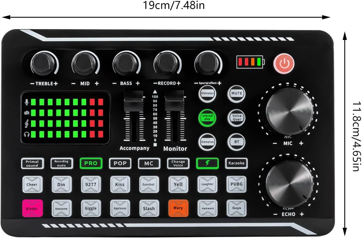 کارت صدای زنده و رابط صوتی با افکت های میکسر DJ و تغییر صدا، میکسر صوتی استریو بلوتوث F988 برای پخش زنده یوتیوب، کامپیوتر، ضبط استودیویی پادکست آواز بازی