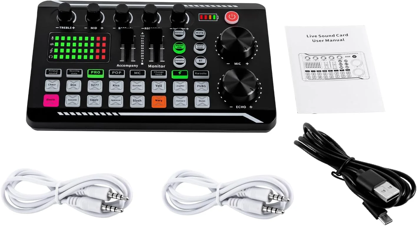 کارت صدای زنده و رابط صوتی با افکت های میکسر DJ و تغییر صدا، میکسر صوتی استریو بلوتوث F988 برای پخش زنده یوتیوب، کامپیوتر، ضبط استودیویی پادکست آواز بازی