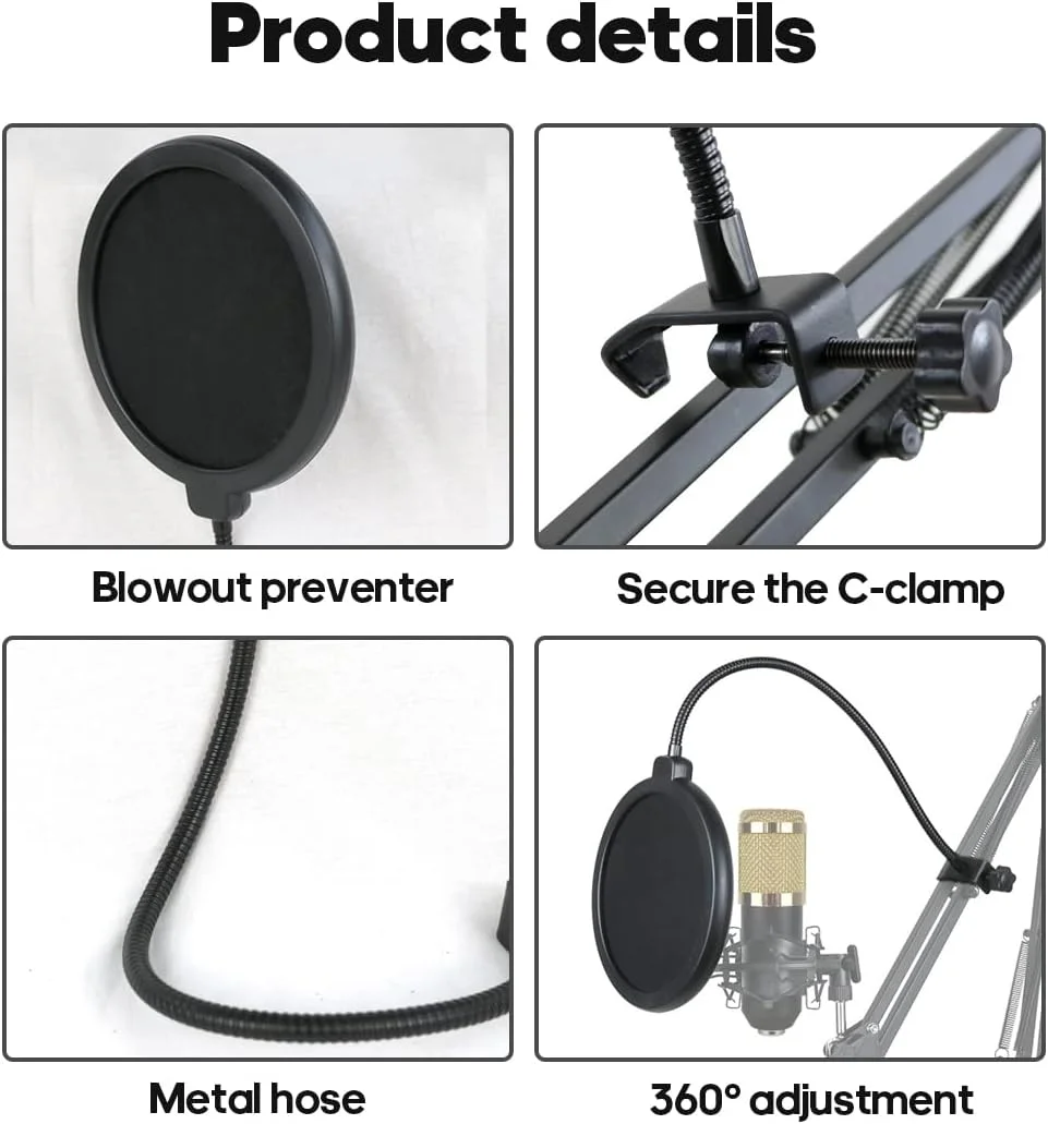 فیلتر پاپ برای میکروفون ها، فیلتر جاذب میکروفون با گیره پایه، محافظ پاپ میکروفون، شیشه جلو فوم میکروفون برای بلو یتی، آدیو تکنیکا و سایر میکروفون ها