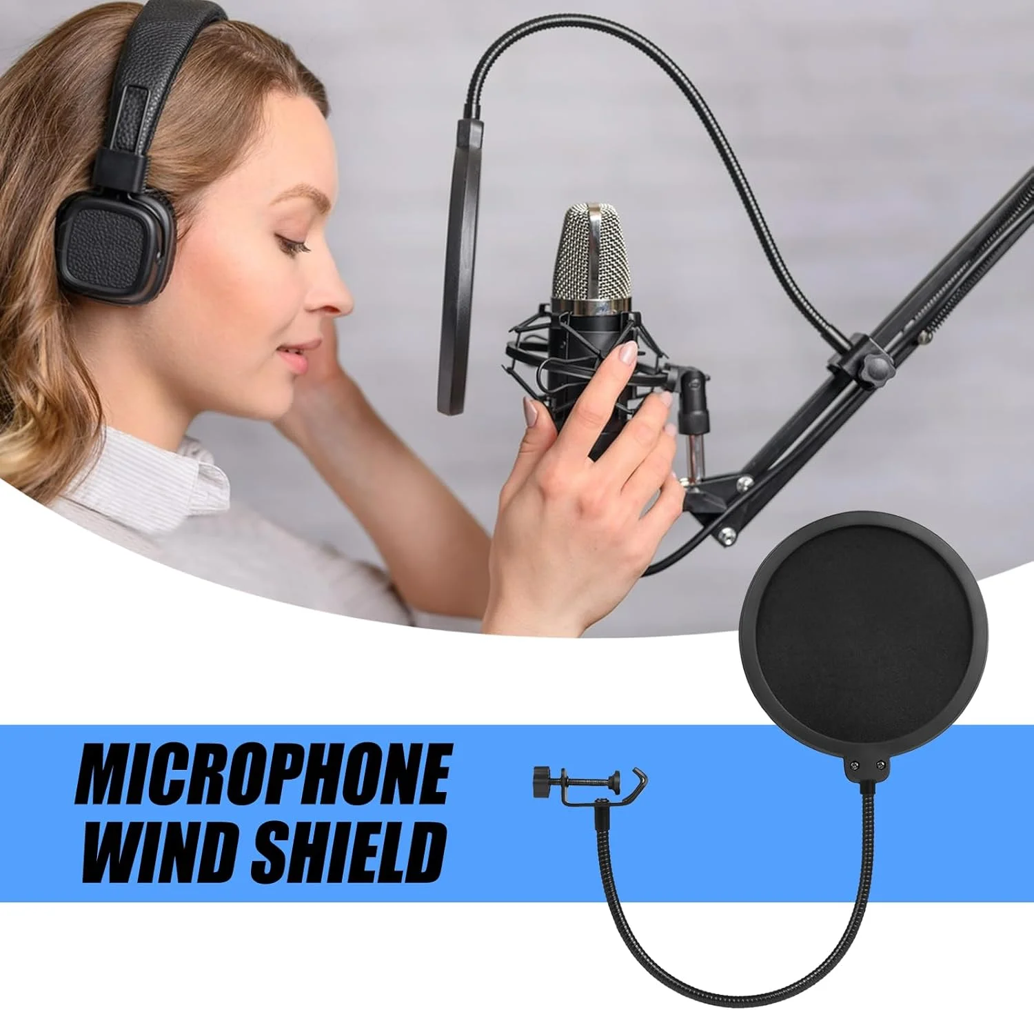 پاپ فیلتر برای میکروفون ها | محافظ باد برای استفاده در میکروفون ها، پاپ فیلتر ضبط دولایه با گردن غازی انعطاف پذیر برای و مجریان
