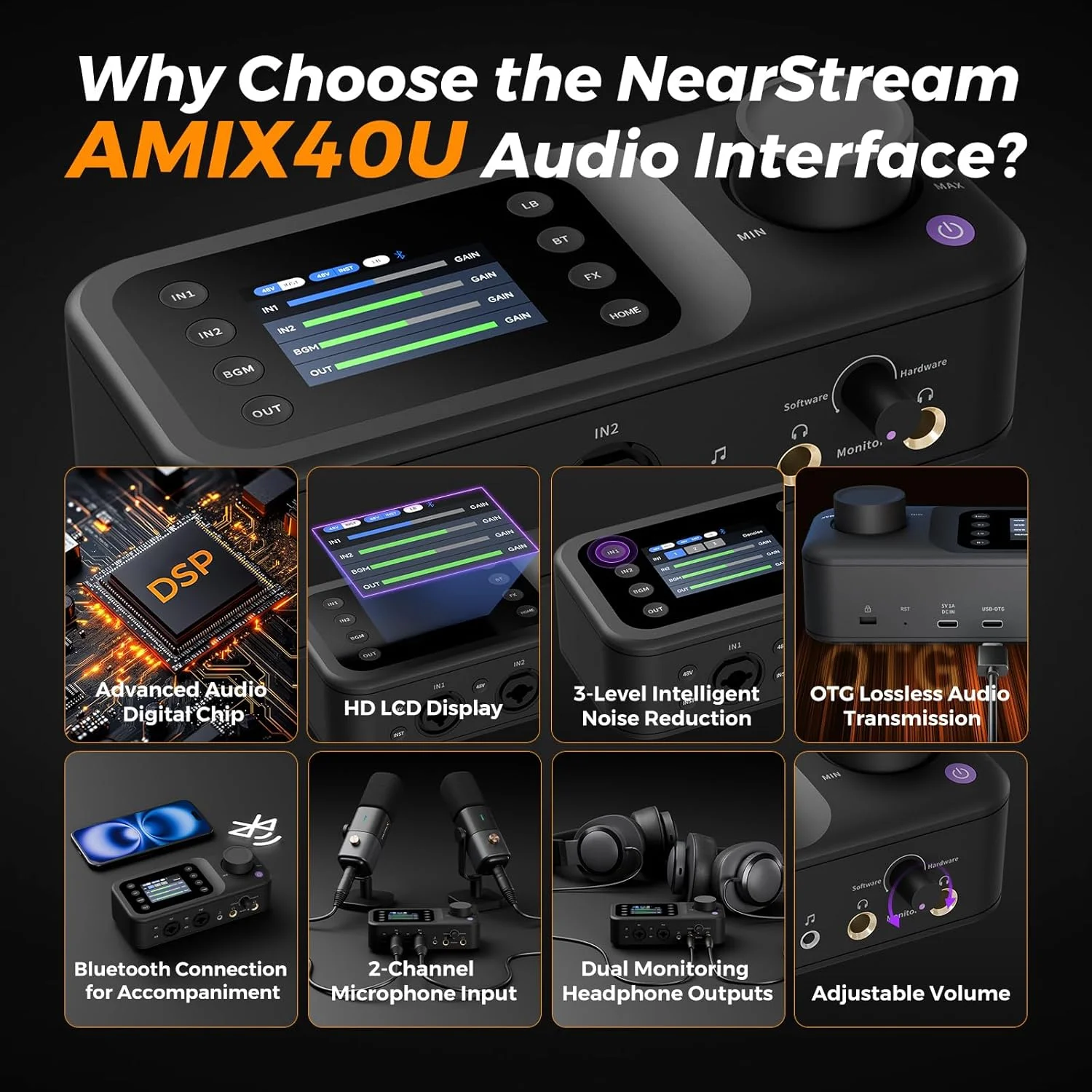 کارت صدای دارای پیش تقویت کننده حرفه ای/10 کانال/پورت صوتی دوگانه XLR یا 6.35 میلی متری/فانتوم پاور 48 ولت/بلوتوث/صفحه نمایش LCD، میکسر صوتی قابل حمل برای گیتاریست ها/تهیه کنندگان روی رایانه شخصی/مک (AMIX40U)