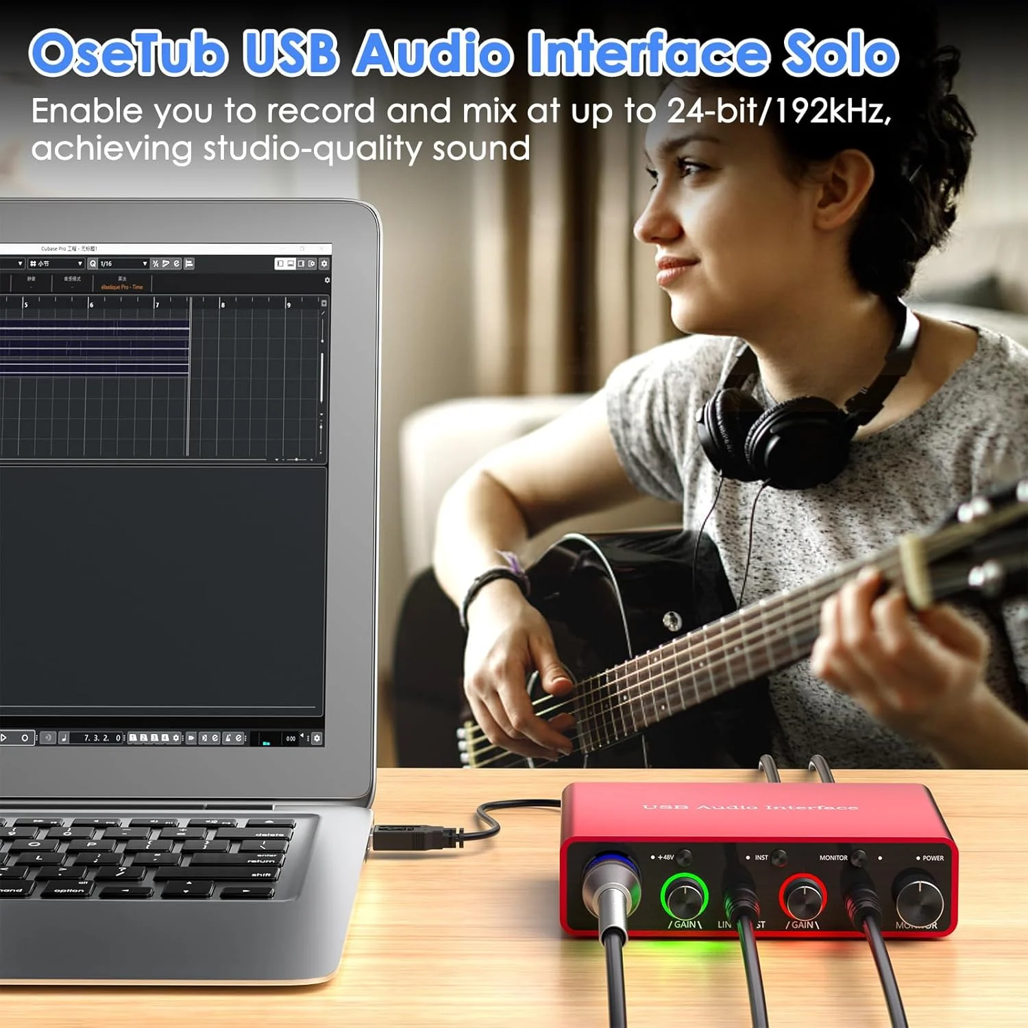 اینترفیس صوتی USB 24 بیت/192 کیلوهرتز با فانتوم پاور 48 ولت | پلاگ اند پلی | سازگار با اکثر نرم افزارهای DAW و ضبط صدا | ایده آل برای نوازندگان، خوانندگان، پادکسترها (مدل انفرادی)