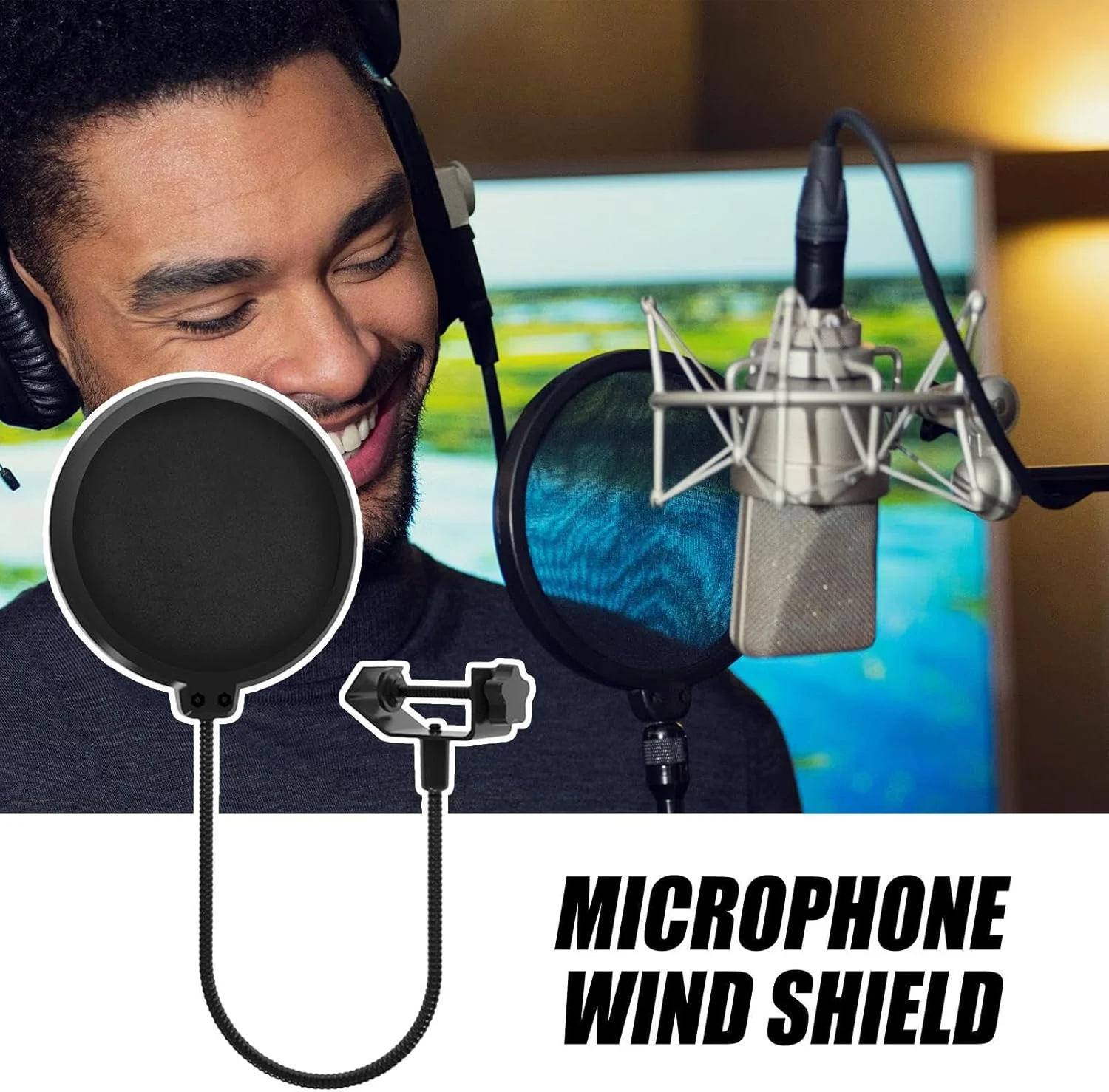 پاپ فیلتر میکروفون، فیلتر پاپ میکروفون - محافظ باد حرفه ای میکروفون | محافظ باد میکروفون استودیویی دو لایه با گردن غازی انعطاف پذیر برای مجریان و میزبان ها