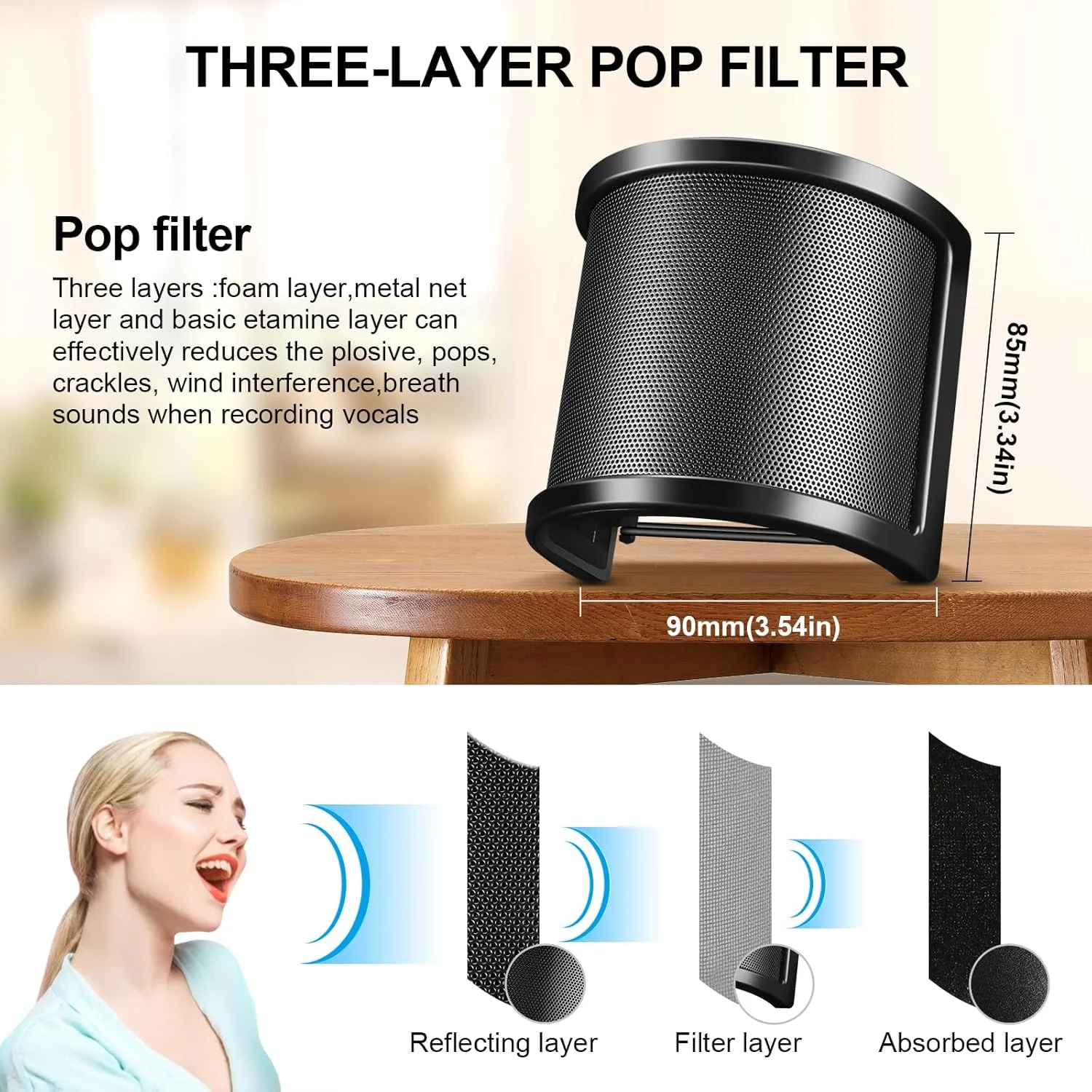 محافظ پاپ میکروفون aokeo، فیلتر پاپ میکروفون با لایه فومی محافظ باد برای استودیو، ضبط صدا، پادکست