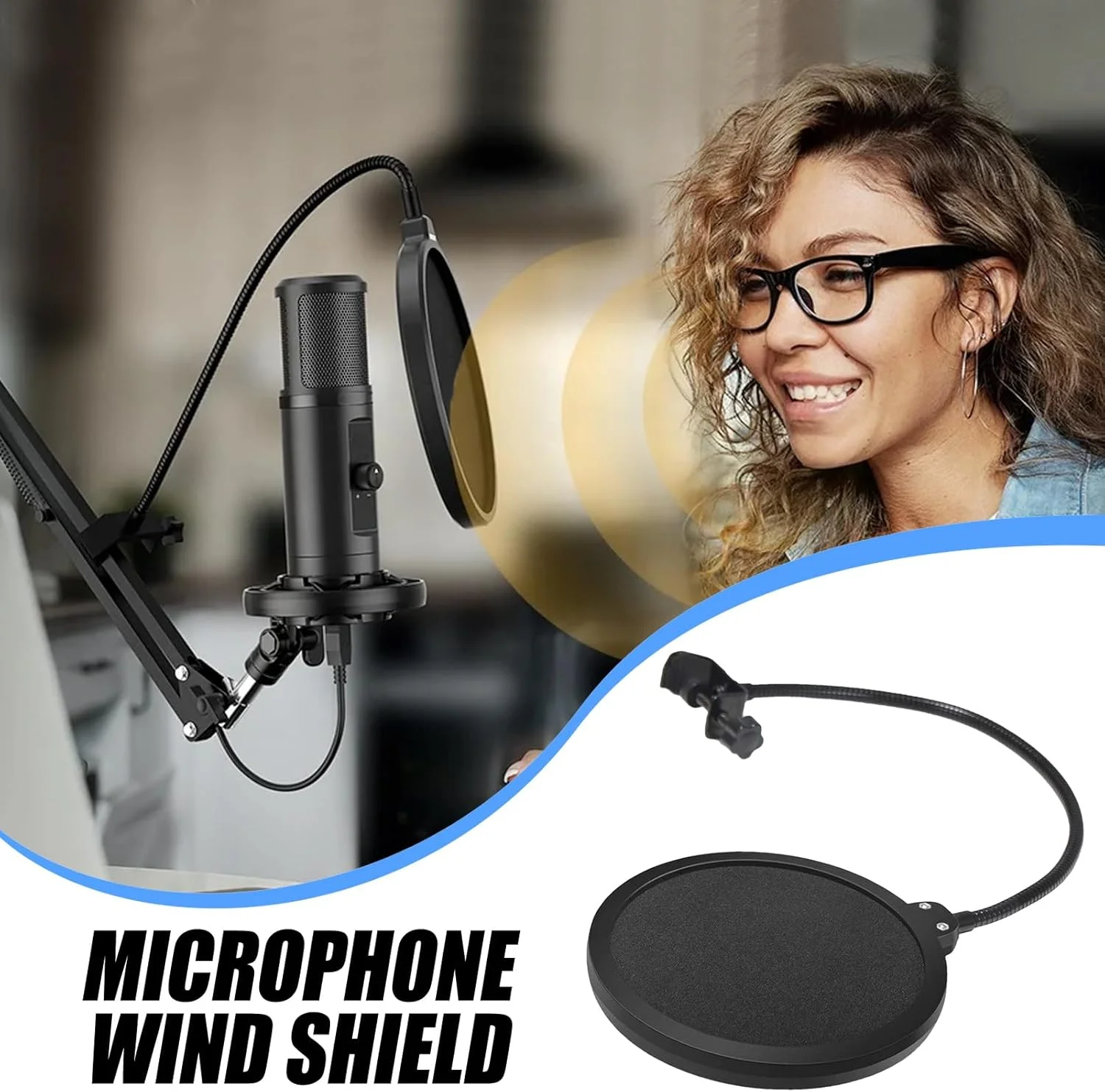 پاپ فیلتر میکروفون - محافظ باد میکروفون - محافظ باد میکروفون دولایه با گردن غازی قابل تنظیم برای صداپیشگان