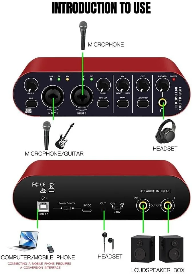 اینترفیس کارت صدا، میکسر صدا، اینترفیس کارت صدای اکسترنال با سیستم ضبط لوپبک برای گیتار، استریمینگ، پادکست، پخش اینترفیس کارت صدا، میکسر صدا، اینترفیس کارت صدای اکسترنال با سیستم ضبط لوپبک برای گیتار، استریمینگ، پادکست، پخش