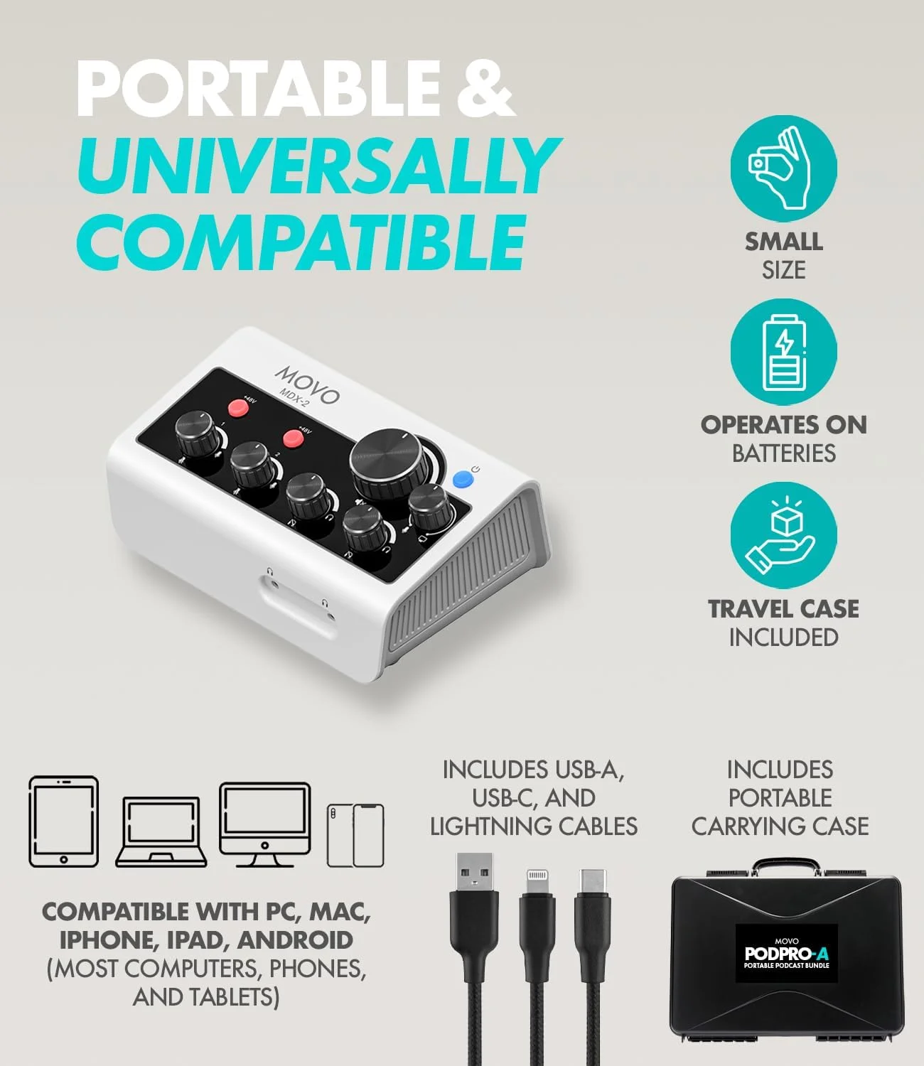 پکیج تجهیزات پادکست قابل حمل Movo برای گوشی های آیفون/اندروید، کیت پادکست با رابط صوتی، 2 میکروفون دینامیک، 2 بازوی بوم، برای گوشی های هوشمند، کامپیوتر، PC، مک، لایتنینگ، USB، USB-C پکیج تجهیزات پادکست قابل حمل Movo برای گوشی های آیفون/اندروید، کیت پادکست با رابط صوتی، 2 میکروفون دینامیک، 2 بازوی بوم، برای گوشی های هوشمند، کامپیوتر، PC، مک، لایتنینگ، USB، USB-C