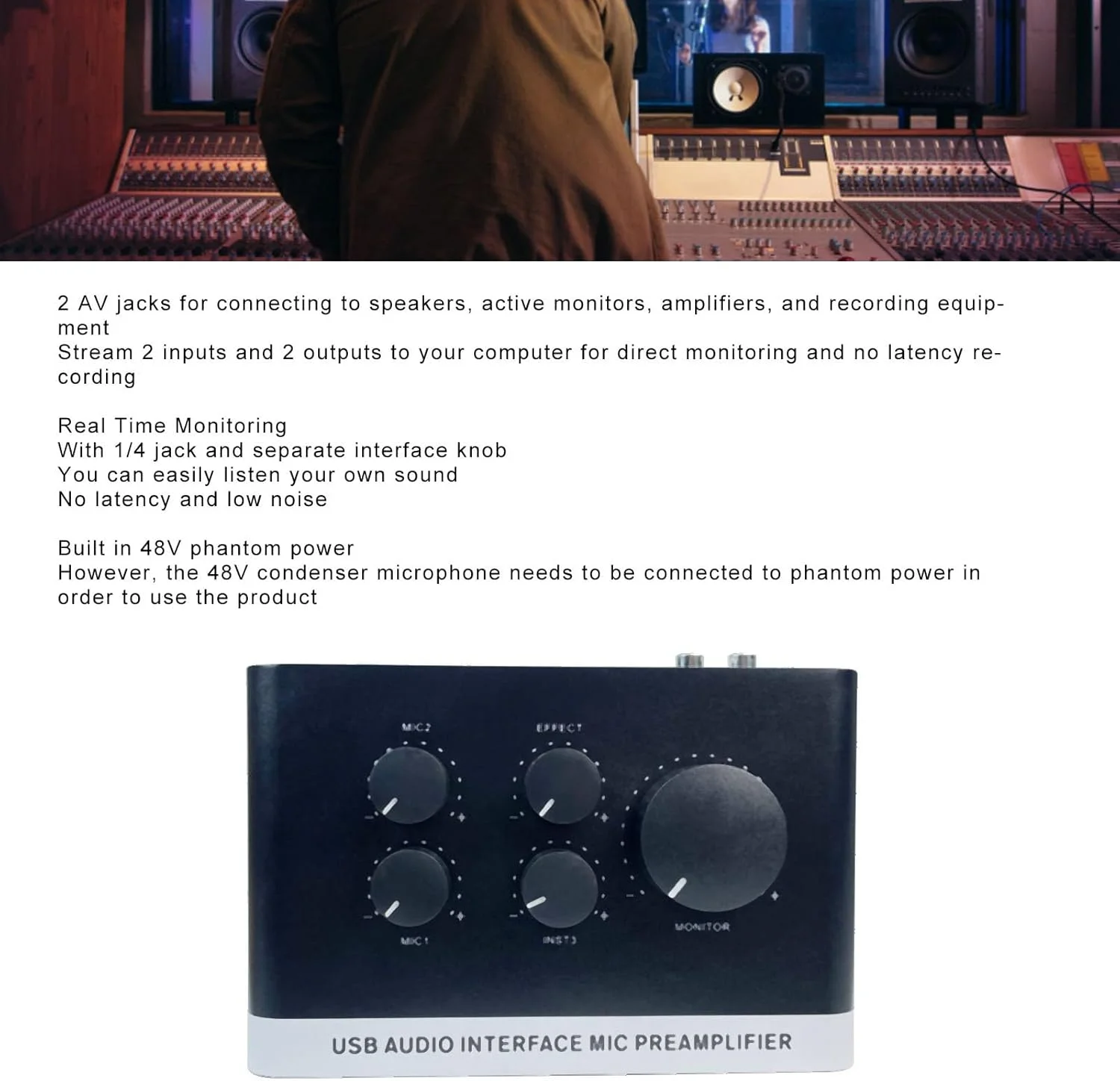 کارت صدای ضبط کامپیوتر، رابط USB با 2 پورت ورودی/خروجی، 2 ورودی ترکیبی XLR میکروفون/لاین، منبع تغذیه فانتوم 48 ولت، برای گیتار، آواز، بدون تاخیر، برای XP، OS X کارت صدای ضبط کامپیوتر، رابط USB با 2 پورت ورودی/خروجی، 2 ورودی ترکیبی XLR میکروفون/لاین، منبع تغذیه فانتوم 48 ولت، برای گیتار، آواز، بدون تاخیر، برای XP، OS X