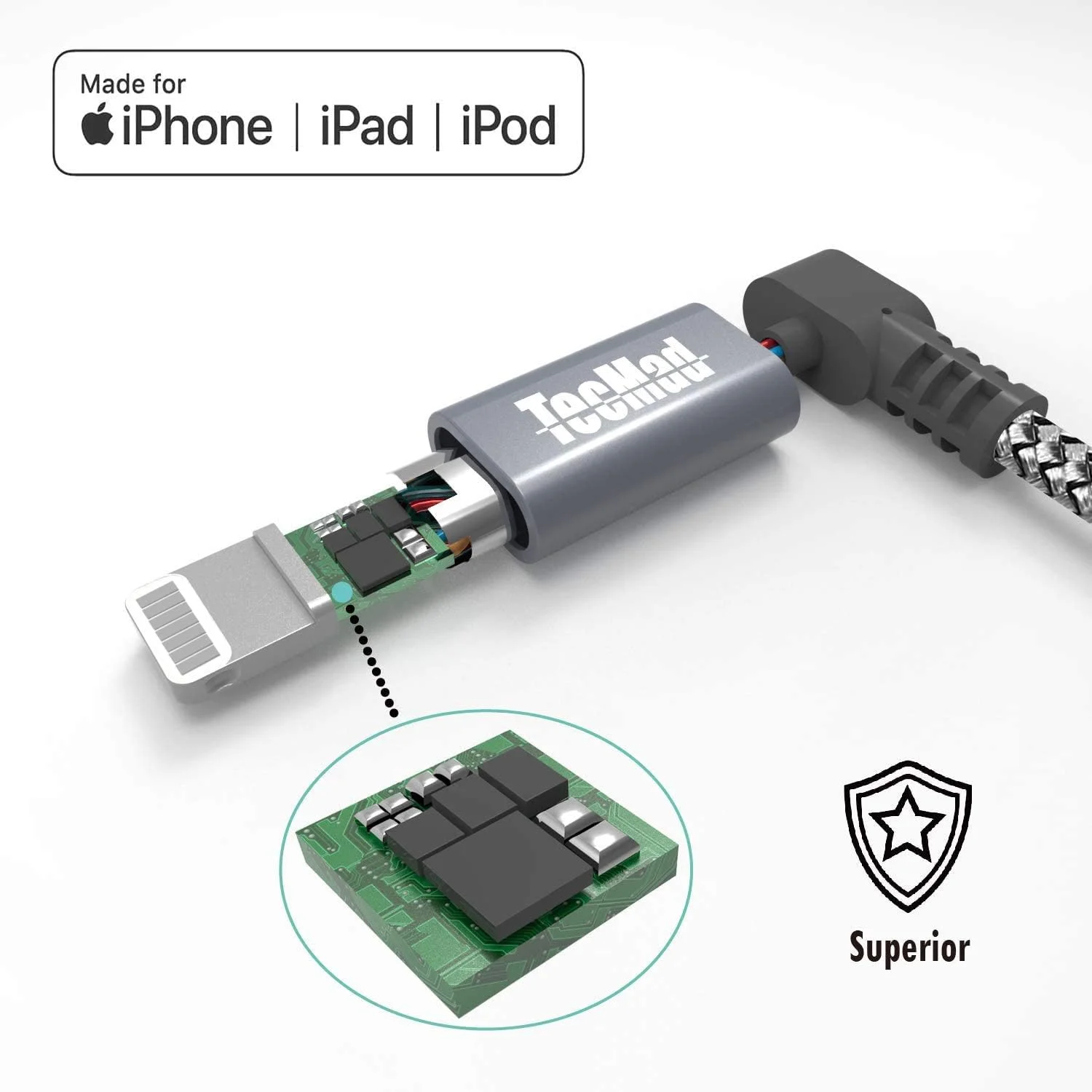 کابل شارژ کوتاه آیفون TecMad [دارای گواهی C89 Apple MFi]، کابل لایتنینگ 90 درجه، سیم همگام سازی داده بافته شده نایلونی برای آیفون 14/13/12/11 پرو مکس/XS MAX/XR/XS/X/8/7/Plus/6S/6/iPad و غیره - 0.65 فوت