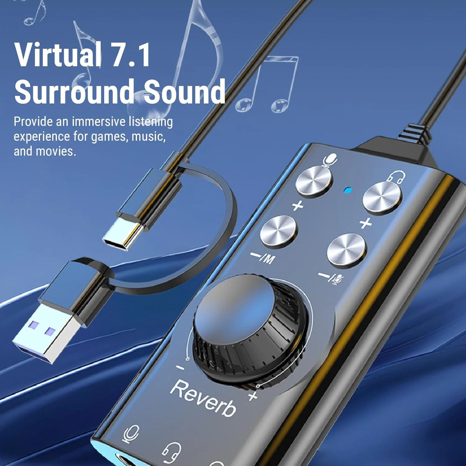 کارت صدای USB Bewinner با صدای فراگیر 7.1، کنترل حجم صدا و تغییر صدا، آداپتور صوتی USB به جک 3.5 میلی متری برای رایانه شخصی، لپ تاپ، هدست، بازی، چت