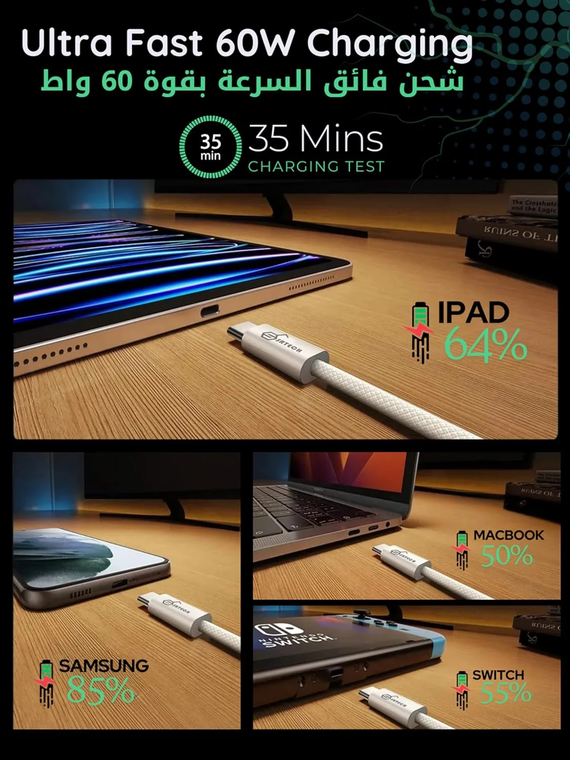 کابل USB C به C مدل SRTECH، کابل بادوام شارژ سریع USB C برای آیفون 16/15، آیپد پرو/ایر، مک بوک پرو/ایر، سازگار با گلکسی S24 S23 Ultra، هواوی و غیره (60 وات، سفید، 2 متر) کابل USB C به C مدل SRTECH، کابل بادوام شارژ سریع USB C برای آیفون 16/15، آیپد پرو/ایر، مک بوک پرو/ایر، سازگار با گلکسی S24 S23 Ultra، هواوی و غیره (60 وات، سفید، 2 متر)