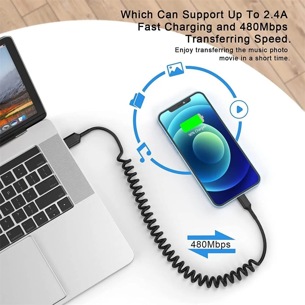 کابل لایتنینگ فنری برای خودرو، کابل شارژ سریع جمع شونده آیفون، کابل کوتاه USB به لایتنینگ اپل کارپلی برای آیفون 14 13 12 11 پرو مکس مینی XR XS 8 SE آیپد (1.5 متر) کابل لایتنینگ فنری برای خودرو، کابل شارژ سریع جمع شونده آیفون، کابل کوتاه USB به لایتنینگ اپل کارپلی برای آیفون 14 13 12 11 پرو مکس مینی XR XS 8 SE آیپد (1.5 متر)