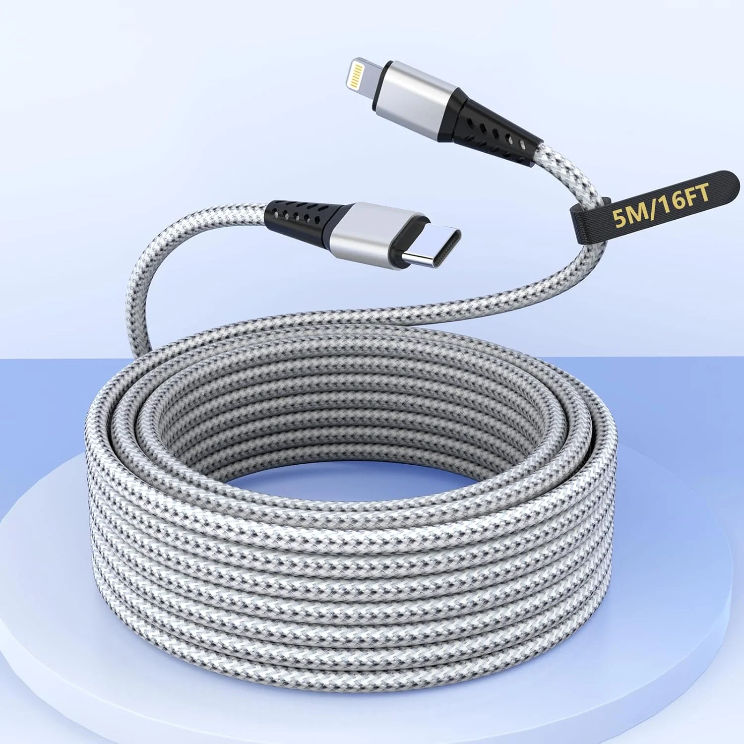 کابل شارژ لایتنینگ به USB-C بسیار بلند 5 متری برای آیفون، کابل شارژ دارای گواهی Apple MFi، کابل شارژ و انتقال داده بافته شده نایلونی برای آیفون 14 پرو مکس/14/13 پرو/12/11/X/XS/XR/iPad - نقره ای کابل شارژ لایتنینگ به USB-C بسیار بلند 5 متری برای آیفون، کابل شارژ دارای گواهی Apple MFi، کابل شارژ و انتقال داده بافته شده نایلونی برای آیفون 14 پرو مکس/14/13 پرو/12/11/X/XS/XR/iPad - نقره ای
