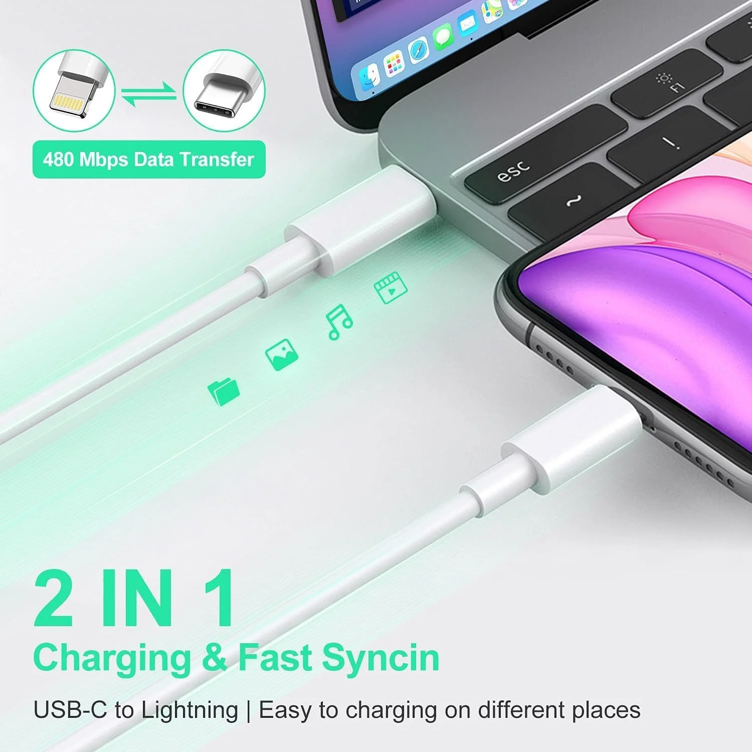 کابل USB-C به لایتنینگ، کابل شارژ سریع و انتقال داده 2 در 1، سرعت انتقال 480 مگابیت بر ثانیه، سازگار با سری آیفون و آیپد - بسته 2 عددی کابل USB-C به لایتنینگ، کابل شارژ سریع و انتقال داده 2 در 1، سرعت انتقال 480 مگابیت بر ثانیه، سازگار با سری آیفون و آیپد - بسته 2 عددی