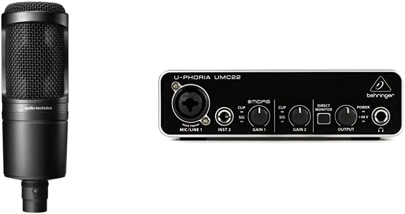 میکروفون کاندنسر کاردیوئید Audio-Technica AT2020 (اتصال XLR) برای صداگذاری، پادکست، آواز یا ضبط زنده سازها و کارت صدای کامپیوتر Behringer UMC22 میکروفون کاندنسر کاردیوئید Audio-Technica AT2020 (اتصال XLR) برای صداگذاری، پادکست، آواز یا ضبط زنده سازها و کارت صدای کامپیوتر Behringer UMC22