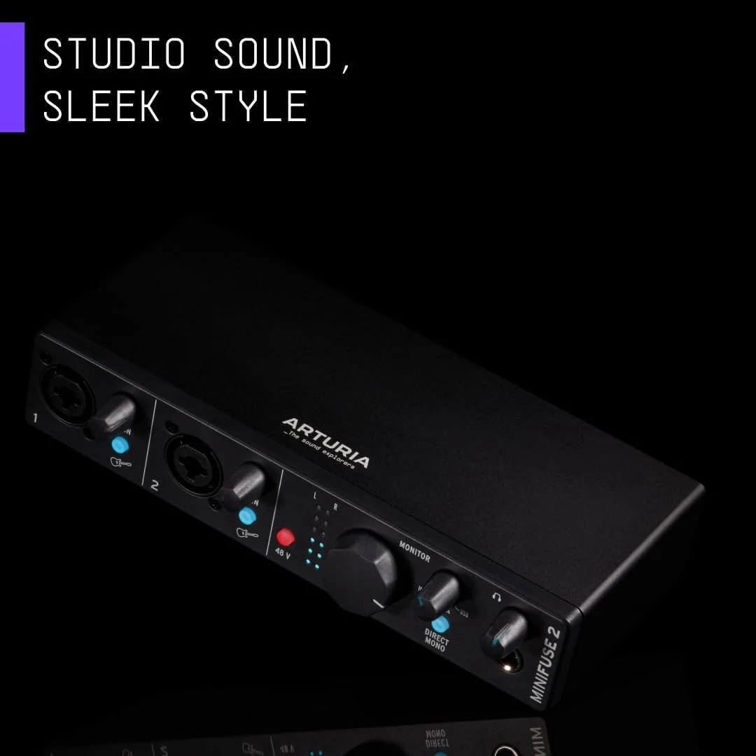 Arturia - MiniFuse 2 - رابط صوتی USB جمع و جور با نرم افزار خلاقانه برای ضبط، تولید، پادکست و گیتار با کیفیت بالا - مشکی