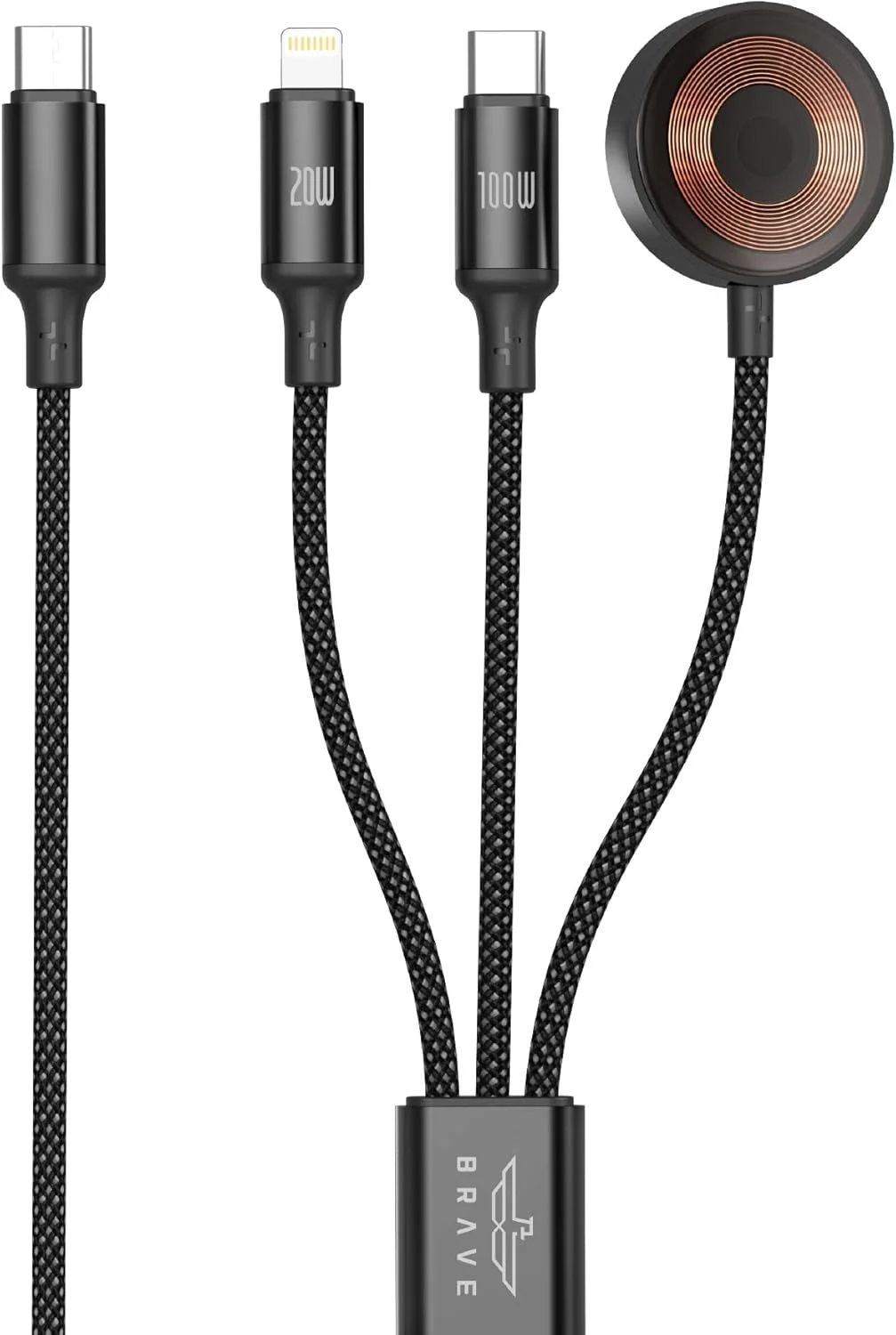 کابل شارژ سریع 3 در 1 BRAVE Trivolt 100W، USB-C به USB-C، لایتنینگ 20W و شارژر مغناطیسی ساعت اپل 2.5W، سیم داده بافته شده نایلونی 1.2 متری برای آیفون 17 پرو مکس، S25 Ultra، مک بوک (مشکی، BDC-53) کابل شارژ سریع 3 در 1 BRAVE Trivolt 100W، USB-C به USB-C، لایتنینگ 20W و شارژر مغناطیسی ساعت اپل 2.5W، سیم داده بافته شده نایلونی 1.2 متری برای آیفون 17 پرو مکس، S25 Ultra، مک بوک (مشکی، BDC-53)