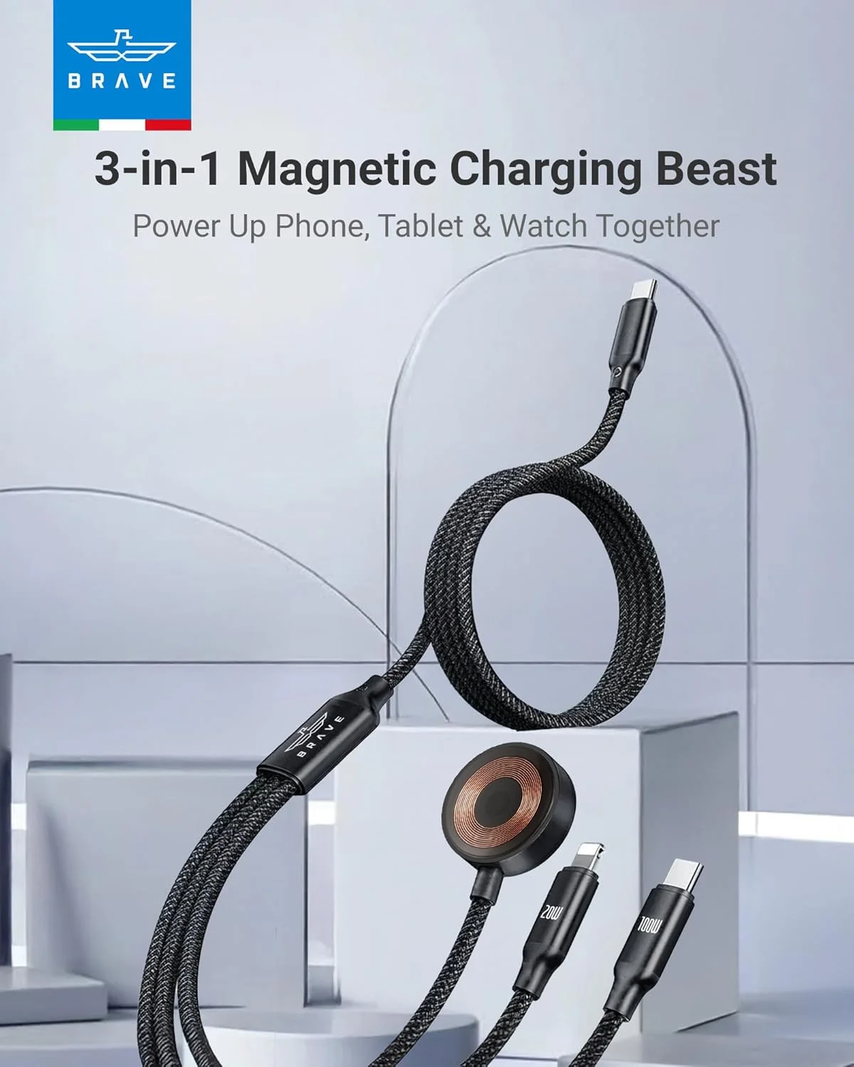 کابل شارژ سریع 3 در 1 BRAVE Trivolt 100W، USB-C به USB-C، لایتنینگ 20W و شارژر مغناطیسی ساعت اپل 2.5W، سیم داده بافته شده نایلونی 1.2 متری برای آیفون 17 پرو مکس، S25 Ultra، مک بوک (مشکی، BDC-53) کابل شارژ سریع 3 در 1 BRAVE Trivolt 100W، USB-C به USB-C، لایتنینگ 20W و شارژر مغناطیسی ساعت اپل 2.5W، سیم داده بافته شده نایلونی 1.2 متری برای آیفون 17 پرو مکس، S25 Ultra، مک بوک (مشکی، BDC-53)