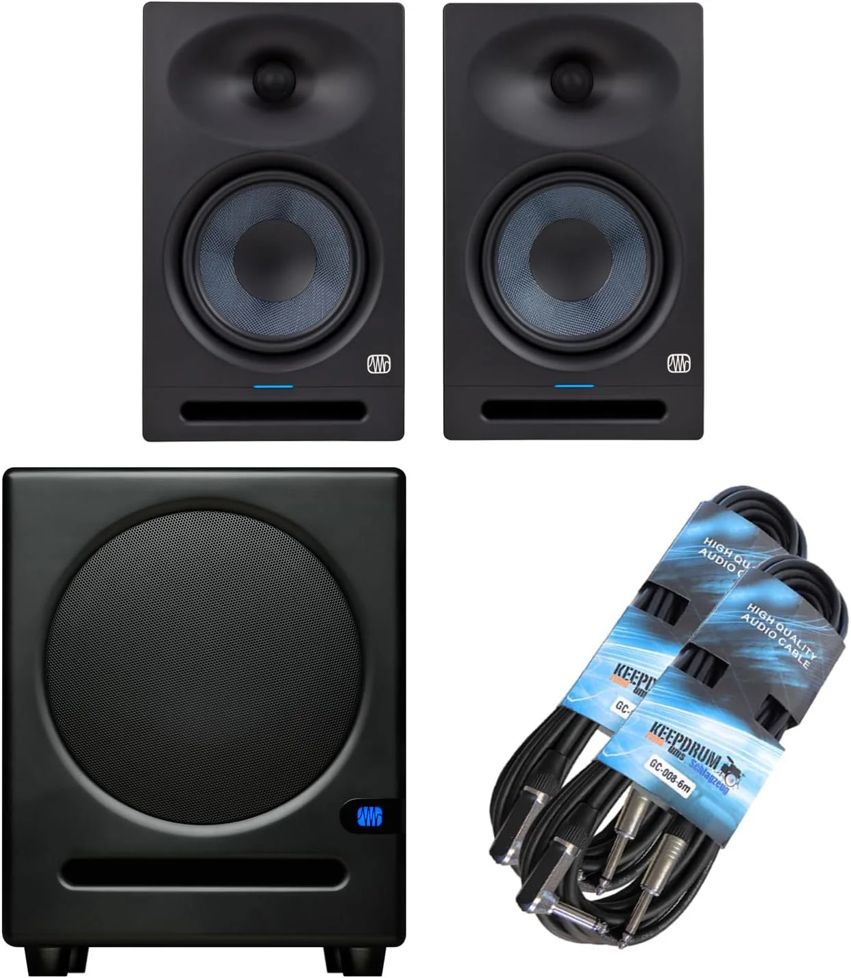 یک جفت اسپیکر مانیتورینگ استودیویی اکتیو 8 اینچی PreSonus Eris Studio 8 + ساب ووفر Eris Sub 8 BT + 2 عدد کابل جک کیپ درام یک جفت اسپیکر مانیتورینگ استودیویی اکتیو 8 اینچی PreSonus Eris Studio 8 + ساب ووفر Eris Sub 8 BT + 2 عدد کابل جک کیپ درام