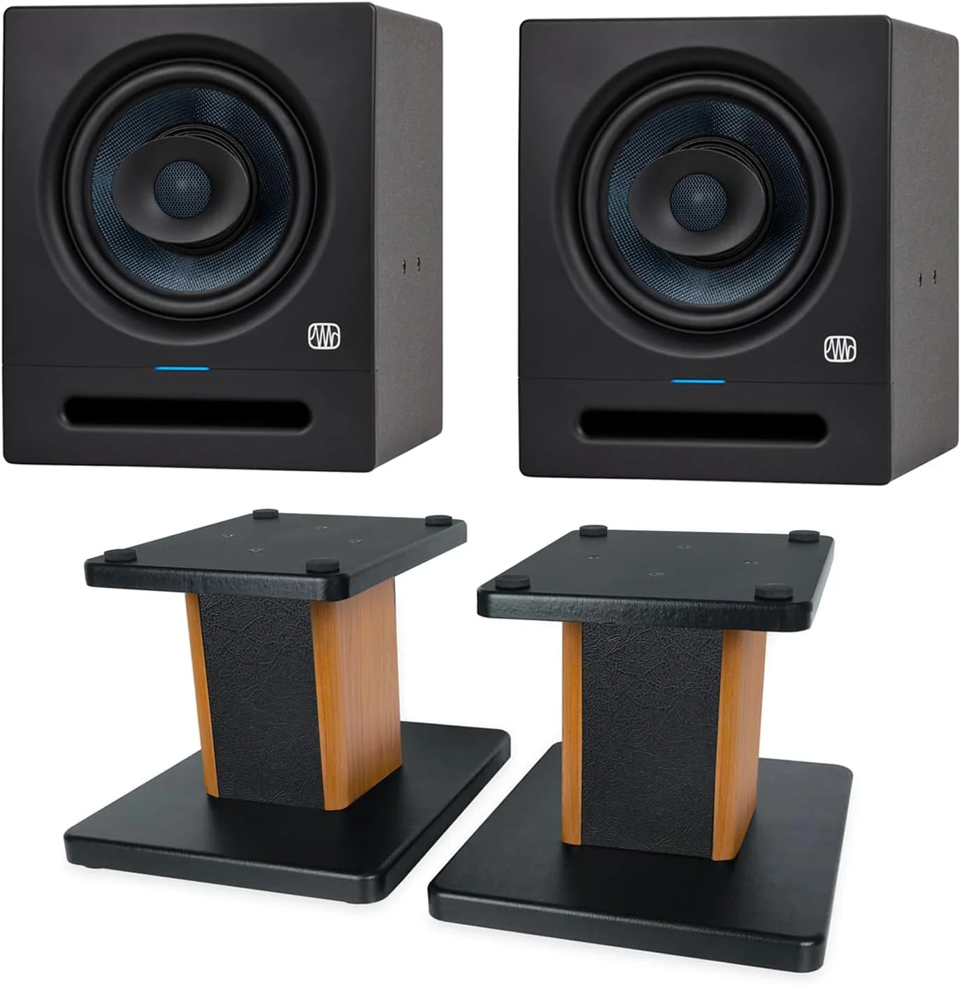 اسپیکر مانیتور استودیویی اکتیو PreSonus Eris Pro 8 (یک جفت) به همراه پایه اسپیکر keepdrum، طرح رزوود اسپیکر مانیتور استودیویی اکتیو PreSonus Eris Pro 8 (یک جفت) به همراه پایه اسپیکر keepdrum، طرح رزوود